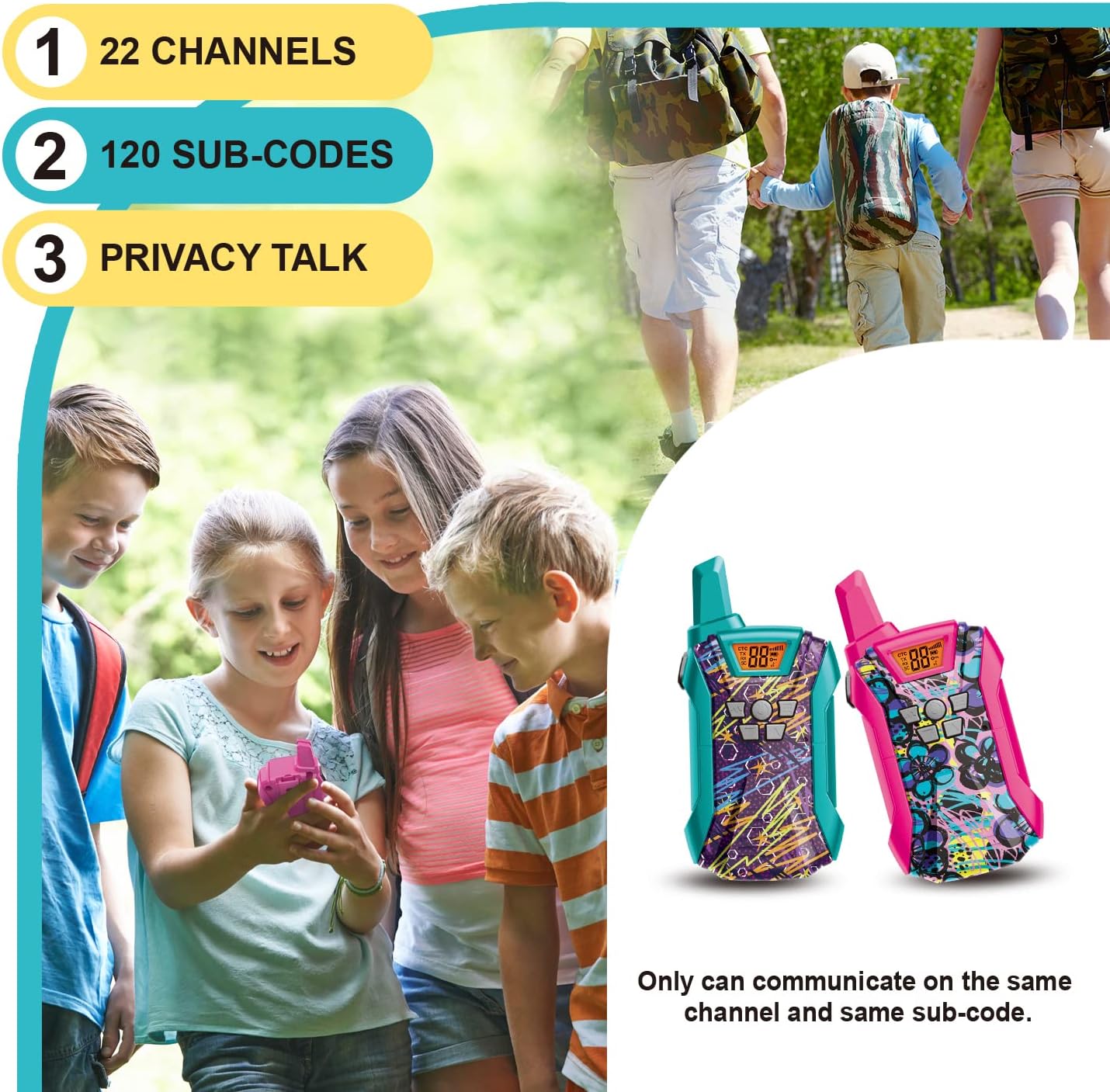 Walkie Talkies para niños, 22 canales de largo alcance Walkie Talkies para niños y niñas de 4 a 12, juguete de radio de 2 vías, juguetes de equipo