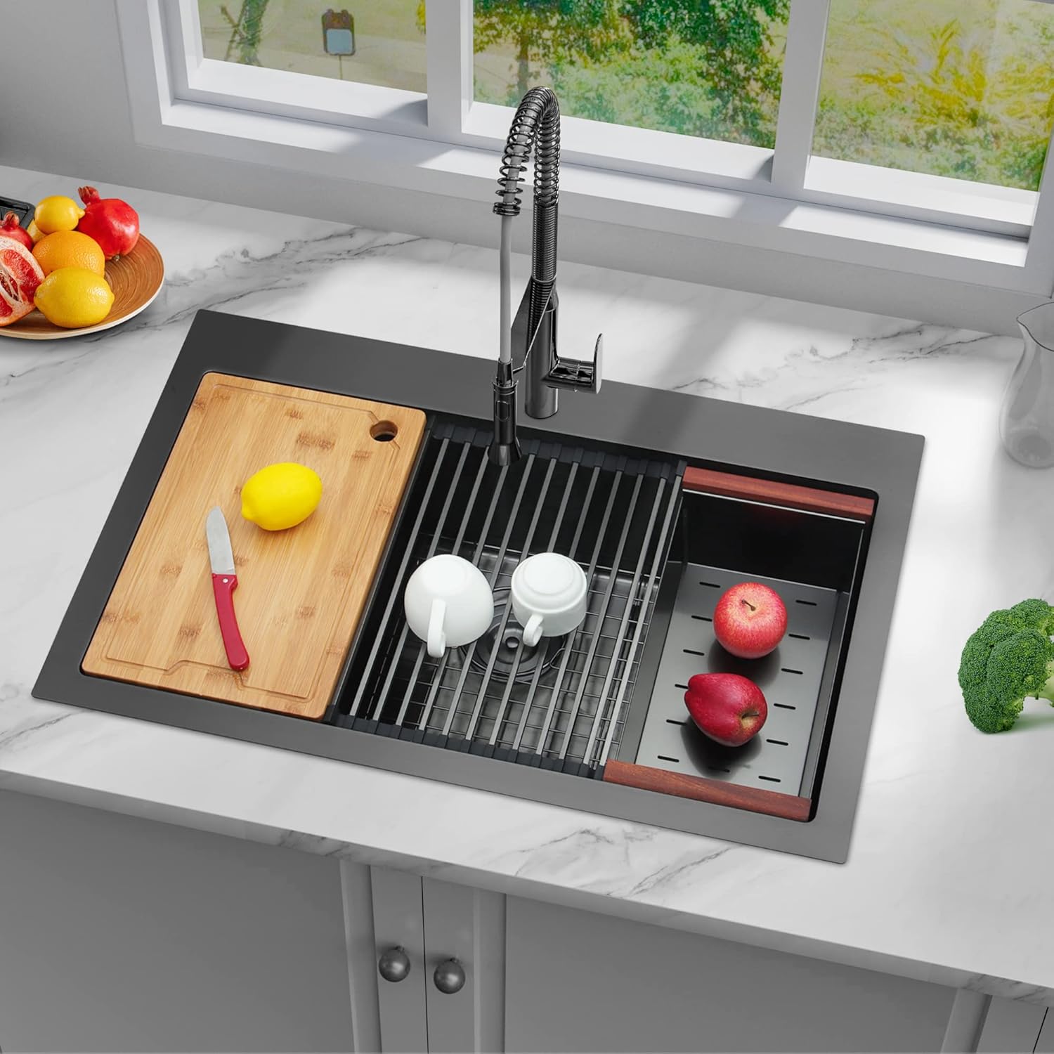 MONSINTA Fregadero de cocina, fregadero de cocina negro de 33 x 22 pulgadas, fregadero de cocina de acero inoxidable, fregadero de cocina de un solo