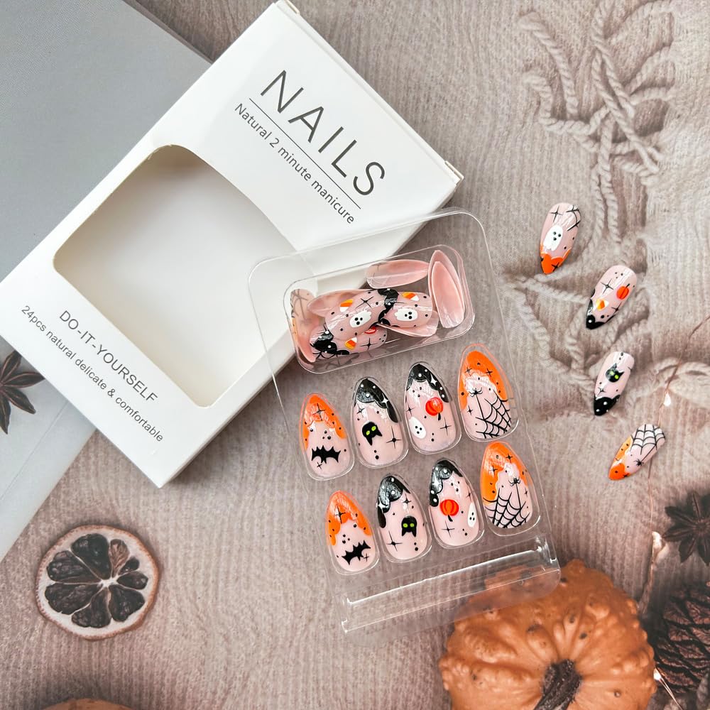 24 uñas de Halloween, puntas francesas, uñas acrílicas a presión, uñas postizas cortas en forma de almendra, lindas calabazas, murciélagos,
