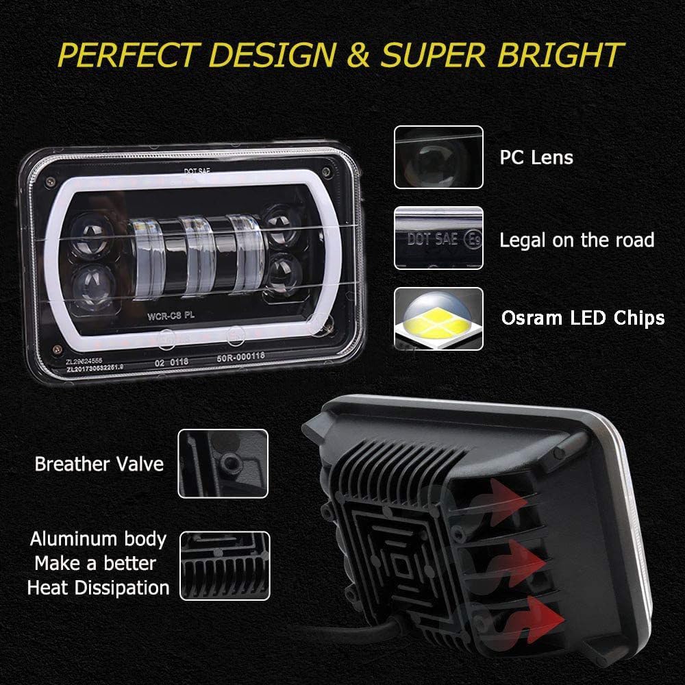 4 faros delanteros LED de 4 x 6 con anillo de halo blanco amarillo alto y bajo, haz sellado H4651 H6545 H4668 H4656 LED de repuesto para faros