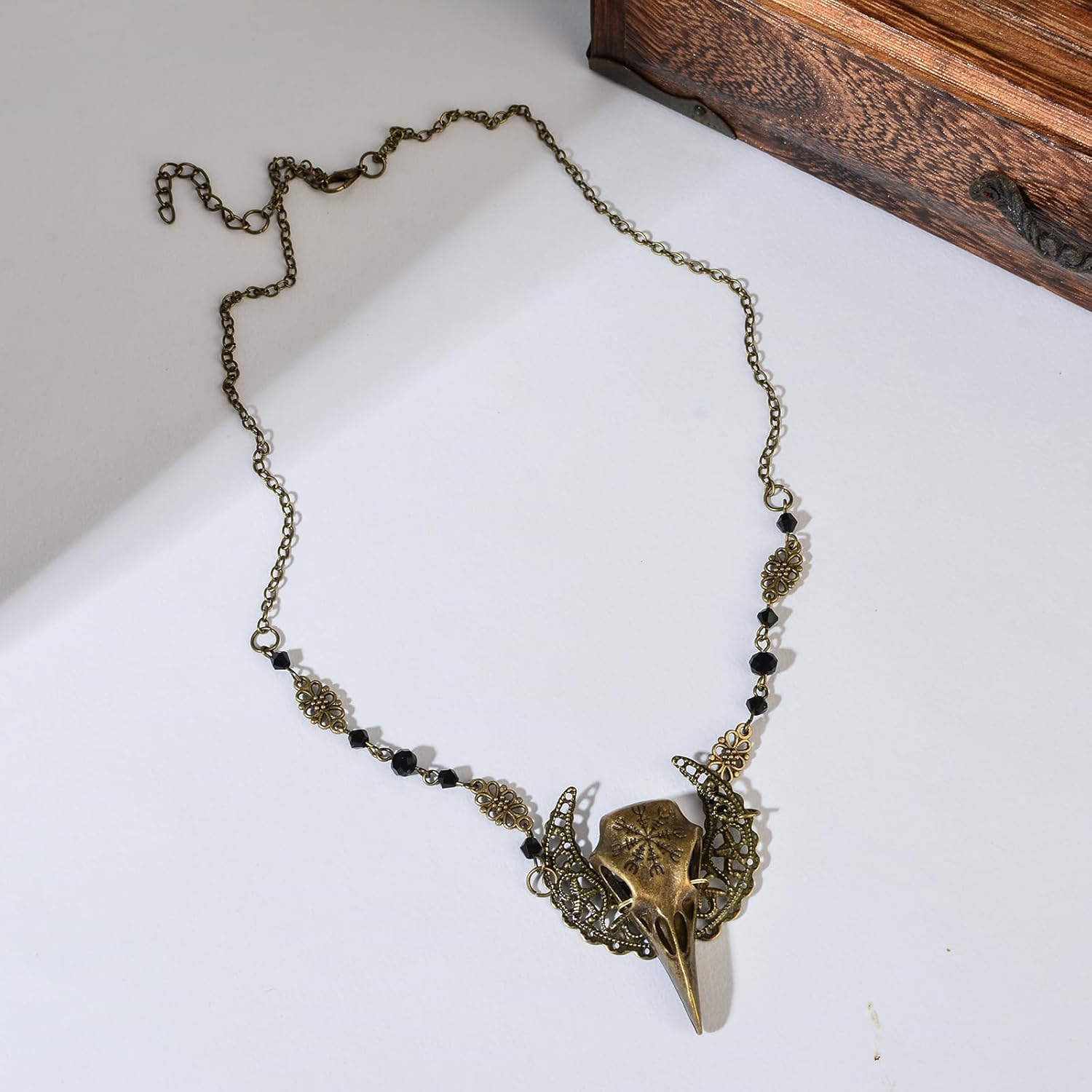 Diadema gótica de pájaro con calavera y luna creciente, cabeza de luna creciente, diadema de nudo celta bohemio para Halloween (bronce)