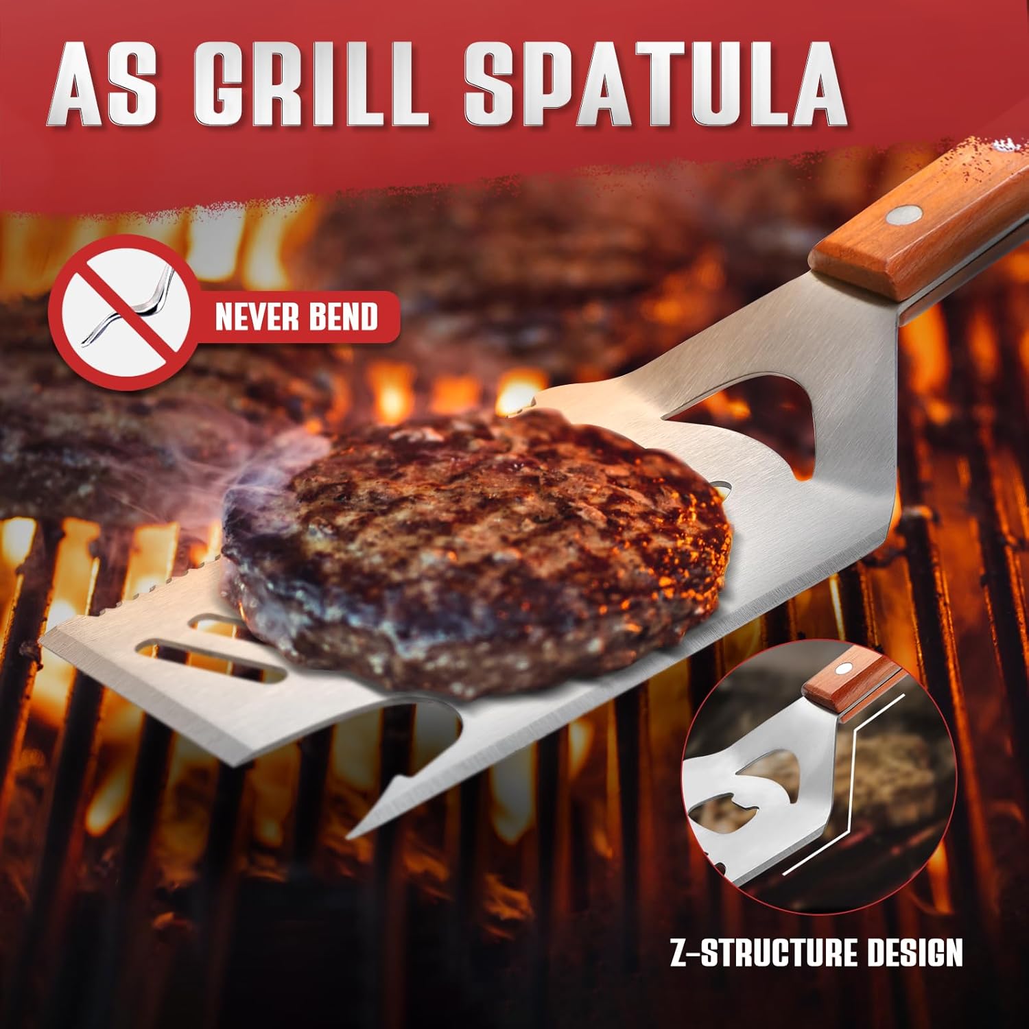 Dragon Creek Espátula de parrilla para parrilla al aire libre, espátula de barbacoa 8 en 1 con tenedor abatible, cuchillo, borde dentado,