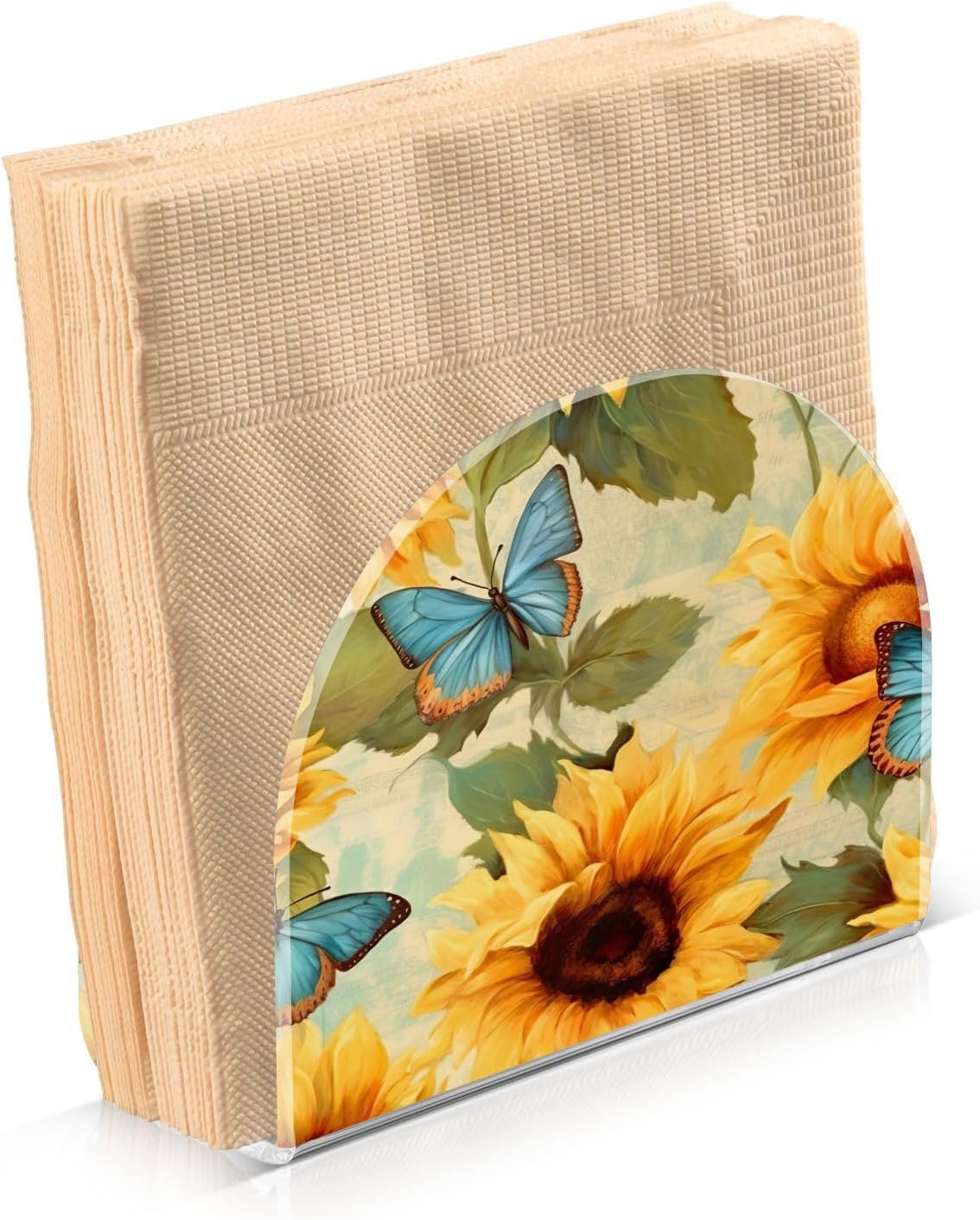 Sunflower and Butterfly Acrylic Napkin Holder Clear Crystal Tissue Paper Dispenser for Table, Kitchen Countertop, Restaurant, Decor