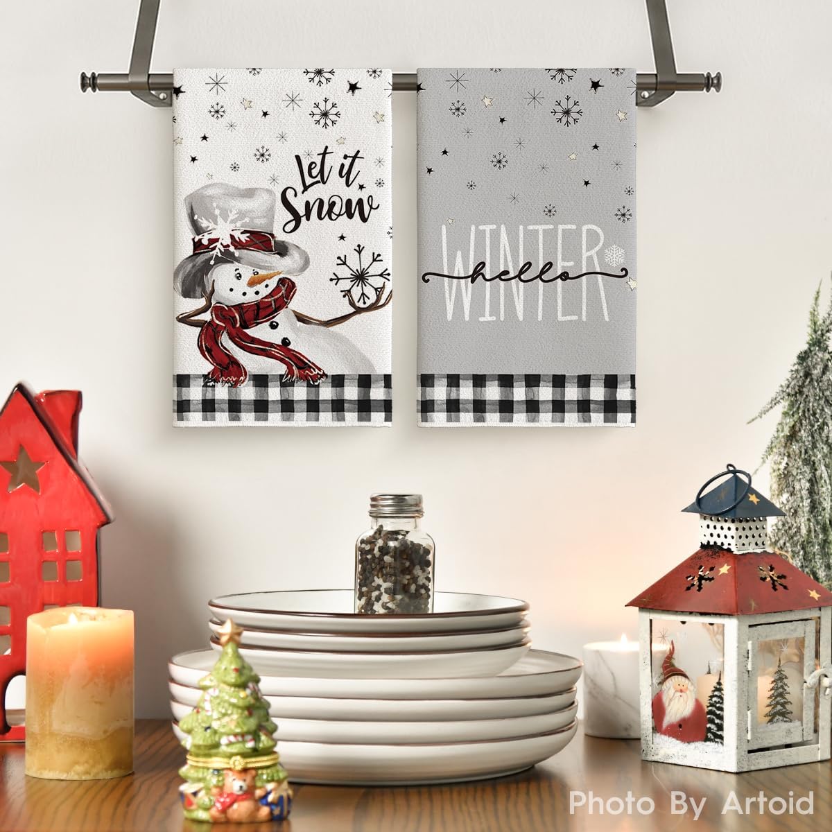 Artoid Mode Juego de 2 toallas de cocina de invierno con diseño de muñeco de nieve con diseño de muñeco de nieve de búfalo, 18 x 26 pulgadas,