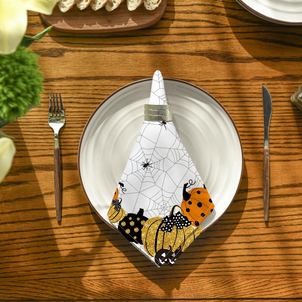 Horaldaily Juego de 4 servilletas de tela de Halloween de 18 x 18 pulgadas, diseño de calabaza y calabaza con temática de miedo, decoración de