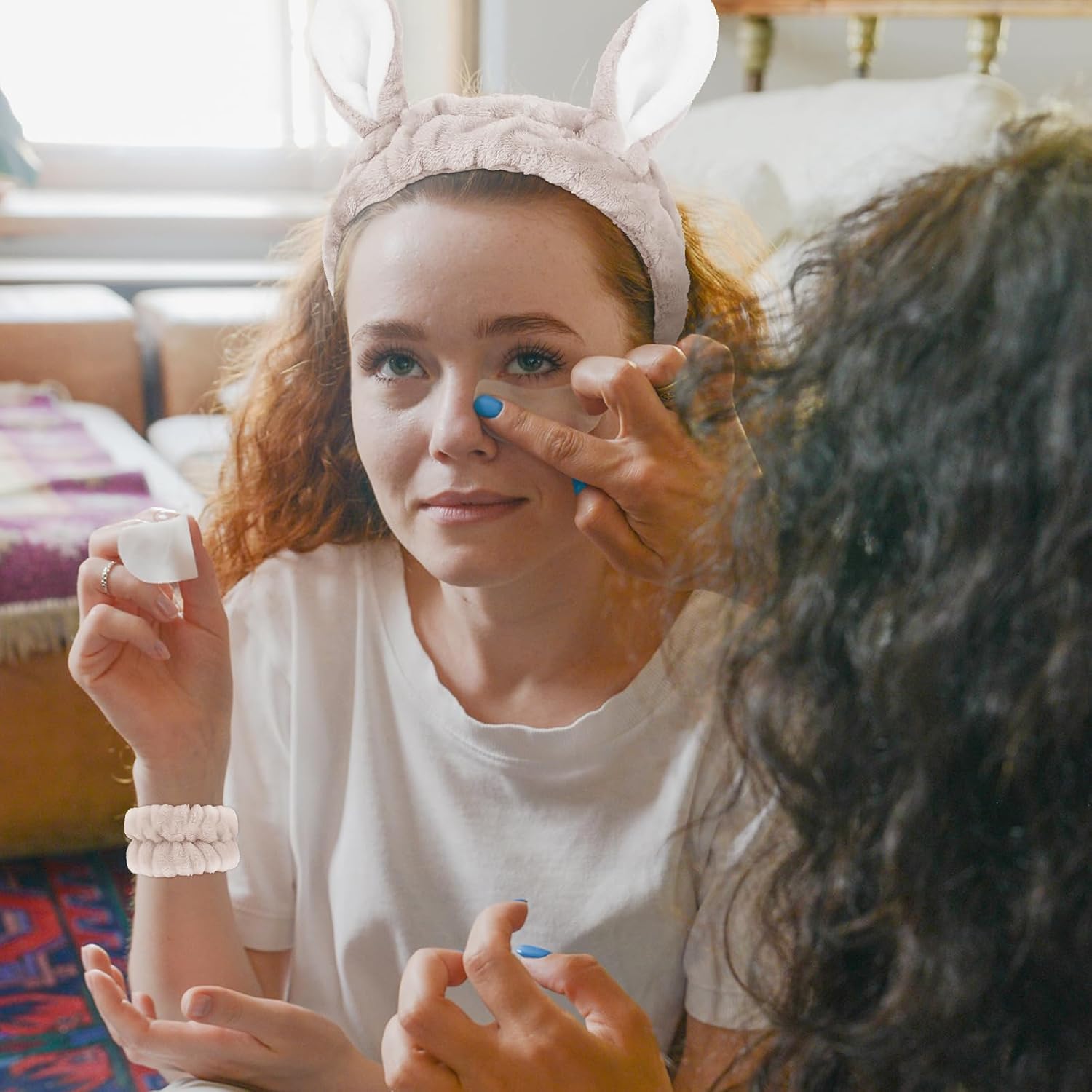 WHAVEL Juego de 3 diademas de spa y muñequeras, lindas diademas de orejas de conejo para lavar la cara, maquillaje, diadema facial, muñequeras para