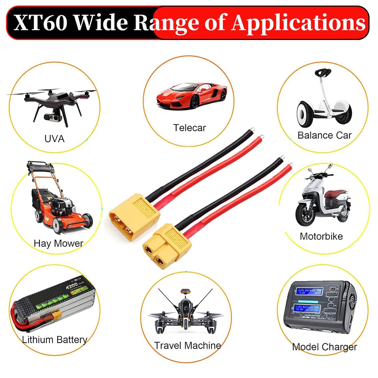 2 pares de conectores hembra y macho XT60, cable de silicona de 14 AWG con tapa protectora de aislamiento de goma para RC Drone Car Lipo cargador de