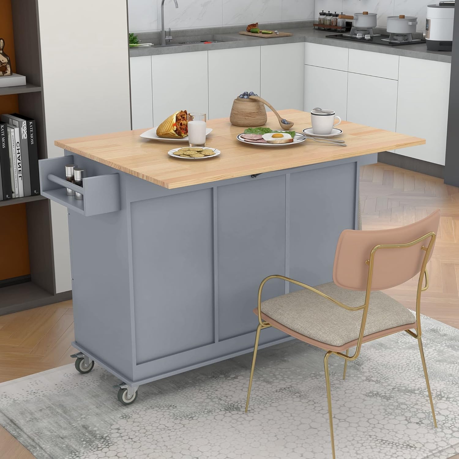 Isla de cocina rodante con parte superior de madera maciza y ruedas de bloqueo, carrito de cocina móvil con gabinete de almacenamiento y barra de