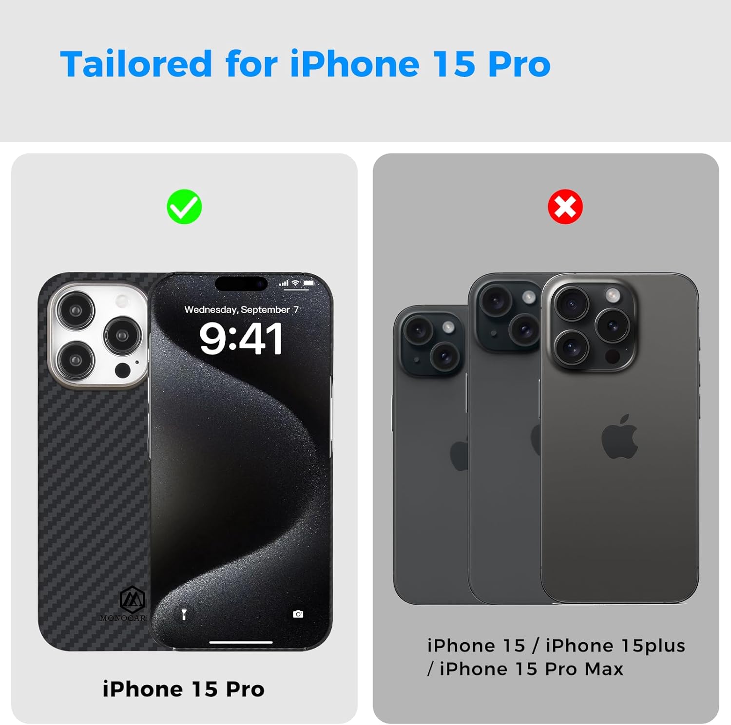 MONOCARBON Funda de fibra de aramida real para iPhone 15 Pro, lujosa funda delgada y ligera de 0.04 pulgadas, ajuste delgado y ligero de 6.1