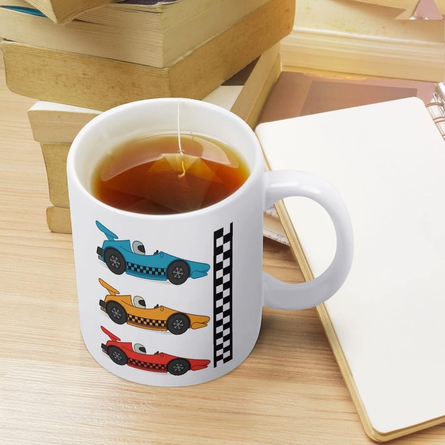 Racer on Orange Blue Red Racing Cars Checker – Taza de cerámica blanca para té, café, jugo de leche, 11 onzas para hogar, fiesta, oficina, café,