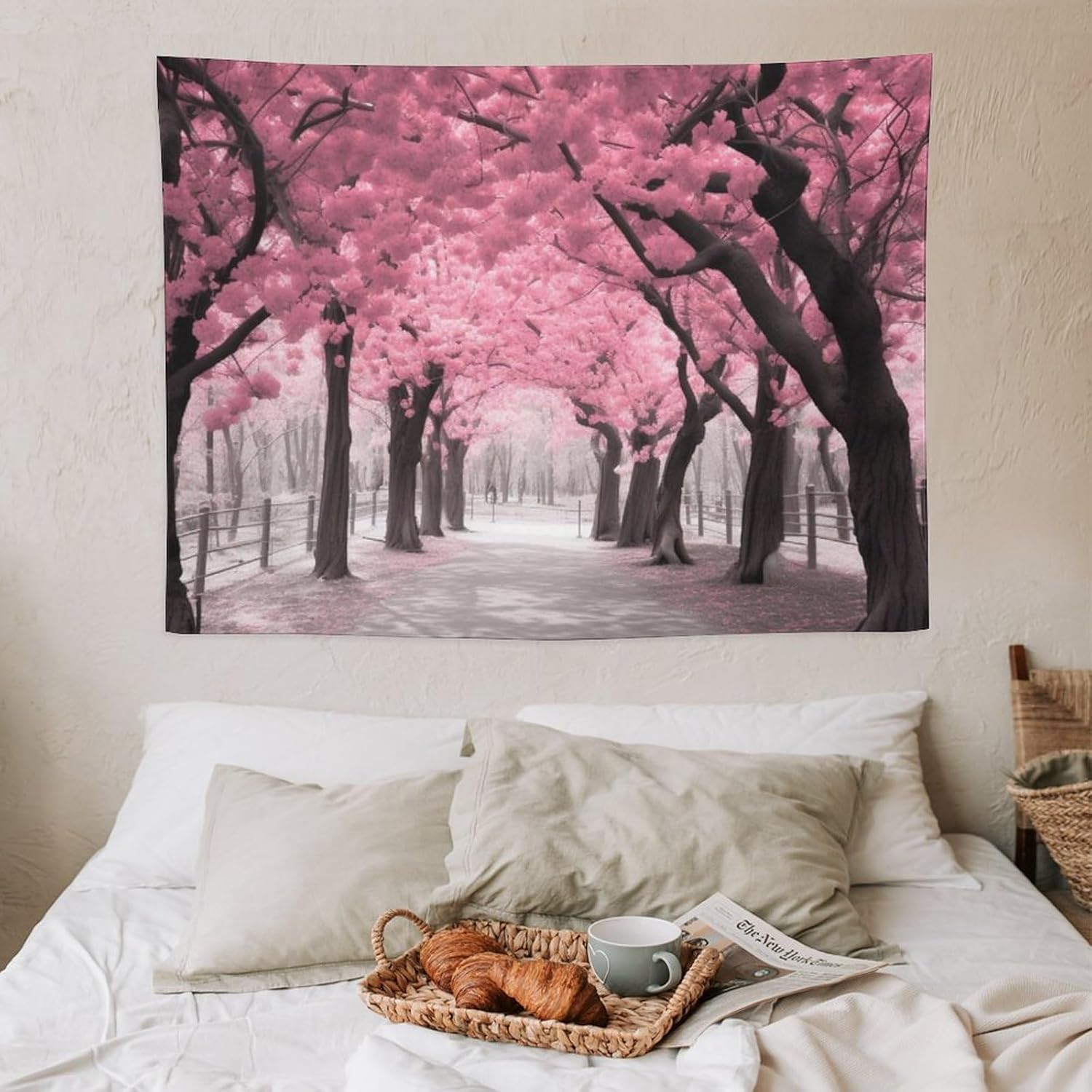 BAHELS Tapiz de bosque floral rosa para decoración del hogar, flores de cerezo de primavera, tapiz de paisaje de flores francesas, tapiz para colgar