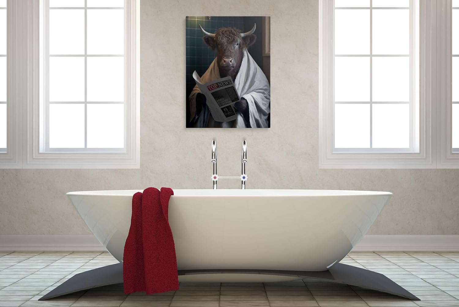 Divertido lienzo de pared para baño, vaca de las tierras altas en el inodoro, pintura vintage con estampado de animales, decoración moderna de pared