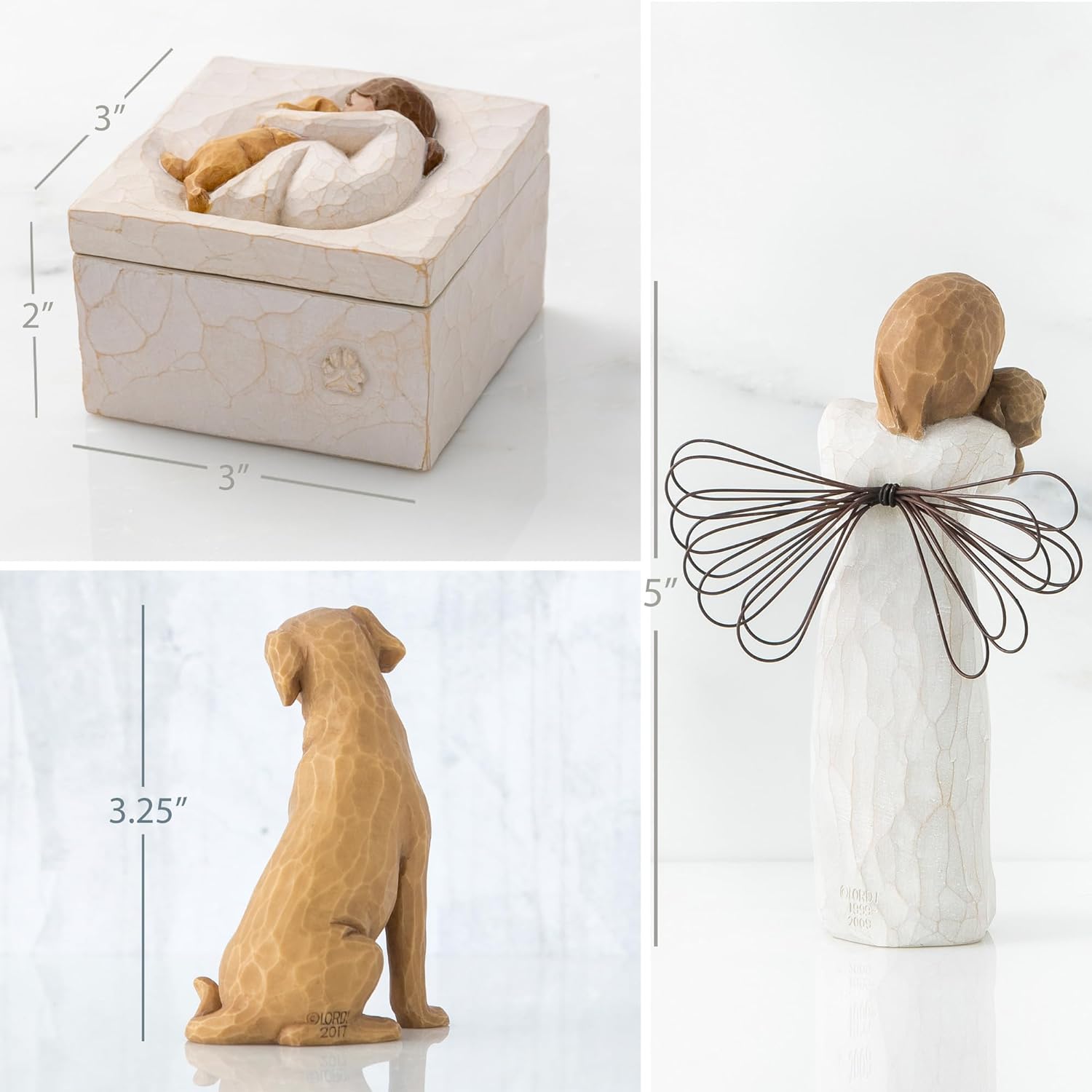 Willow Tree Angel of Friendship Plus Love My Dog Figura Plus True Keepsake Box Set de 3 piezas