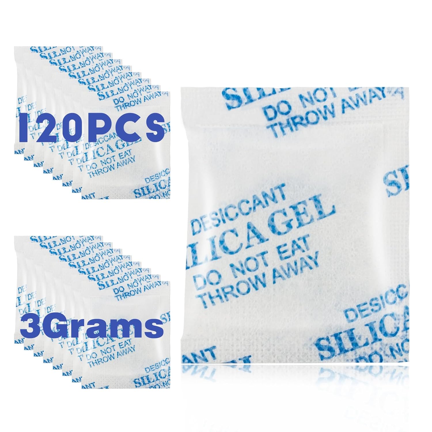 Paquete de 120 paquetes de gel de sílice de 0.11 onzas (0.11 oz), paquetes desecantes desecantes para almacenamiento, desecantes transparentes,