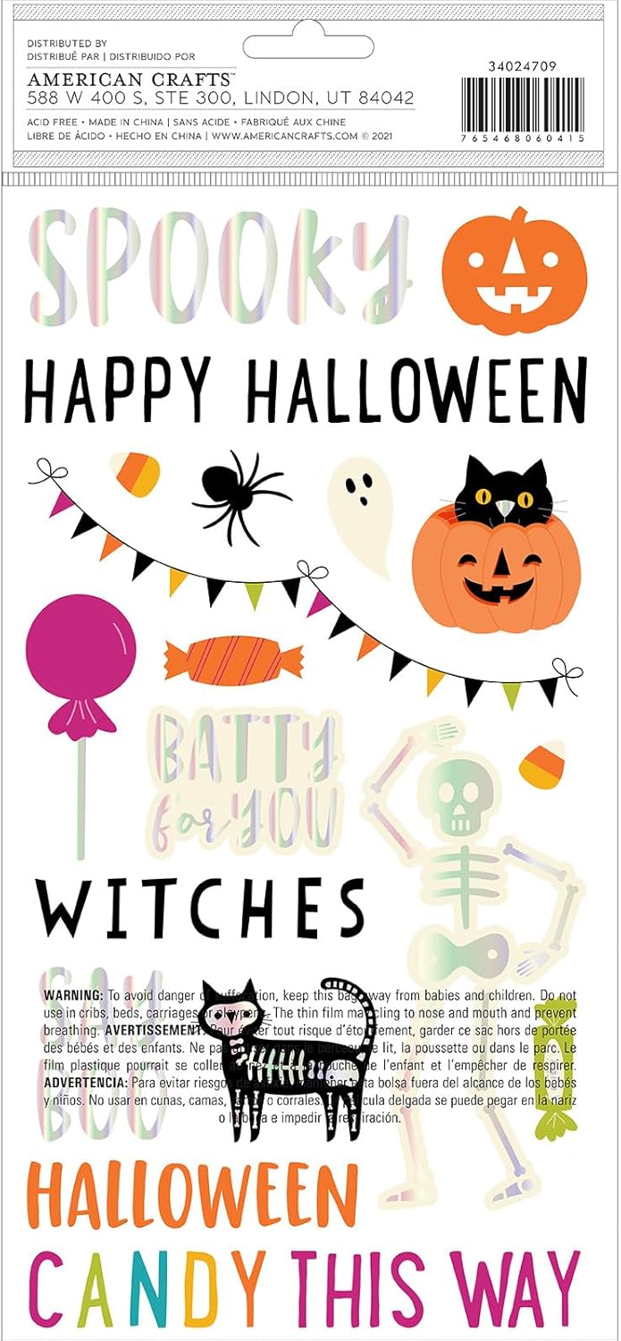 American Crafts Frases gruesas de Feliz Halloween, 47 piezas, suministros de manualidades, fantasmas, murciélagos, calcomanías para niños,
