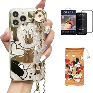 Funda de dibujos animados para iPhone 15 Pro Max de 6.7 pulgadas con protector de pantalla HD, Mickey Mouse con correa para la muñeca, correa de Funda de dibujos animados para iPhone 15 Pro Max de 6.7 pulgadas con protector de pantalla HD, Mickey Mouse con correa para la muñeca, correa de