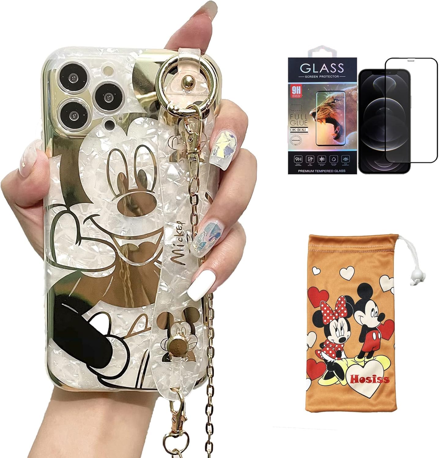 Funda de dibujos animados para iPhone 15 Pro Max de 6.7 pulgadas con protector de pantalla HD, Mickey Mouse con correa para la muñeca, correa de