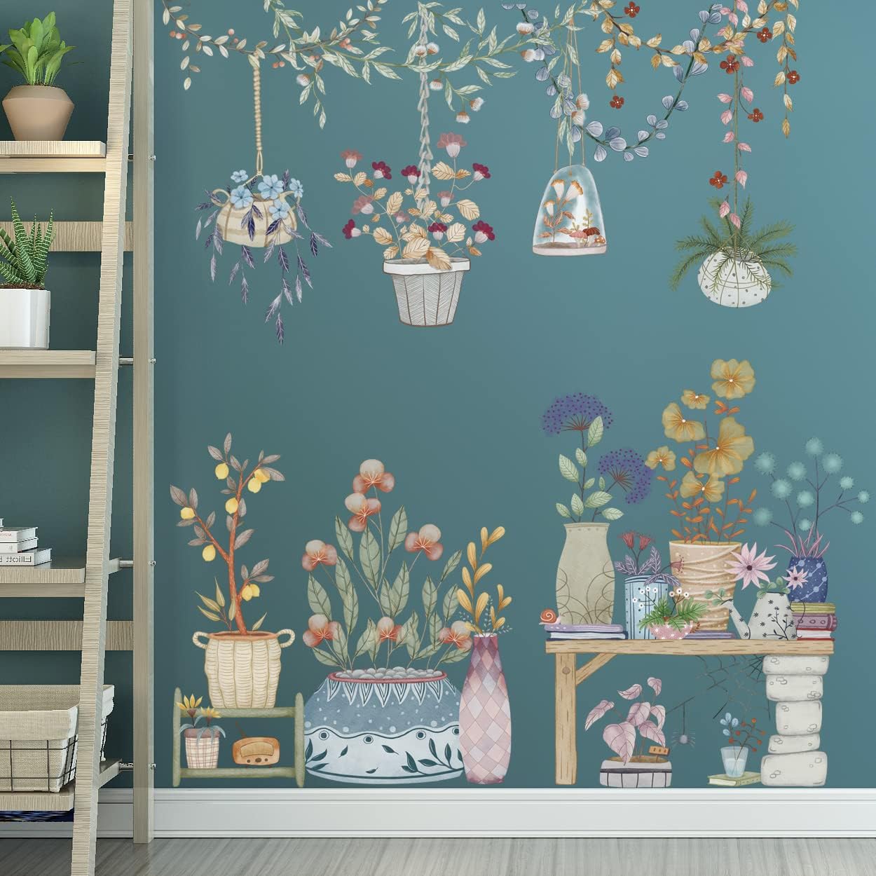 Calcomanías de pared extraíbles para colgar en macetas, calcomanías de pared de plantas coloridas, calcomanías de pared con colgante floral de