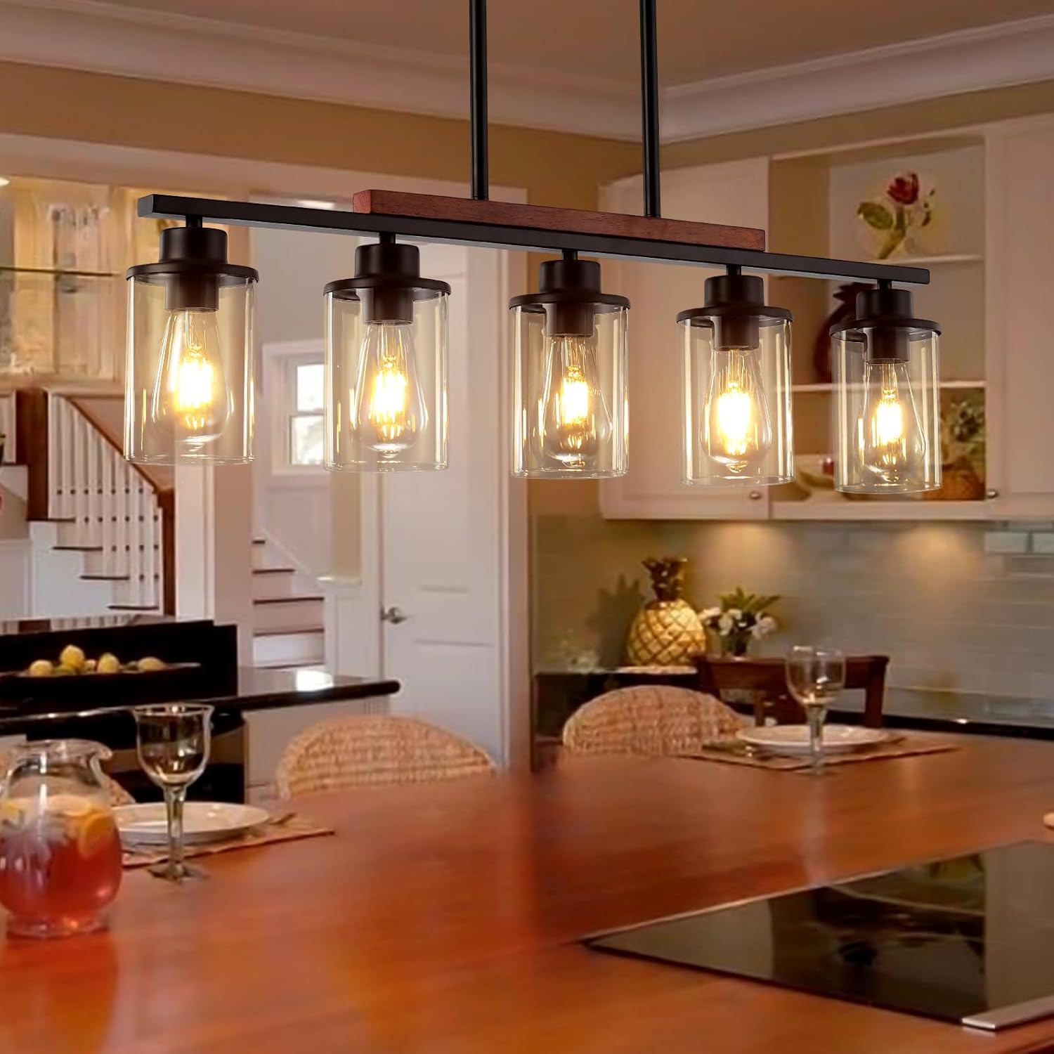 Kitchen Island Lighting – Lámparas de comedor de 5 luces sobre mesa, candelabros negros de granja para comedor con pantalla de vidrio transparente y