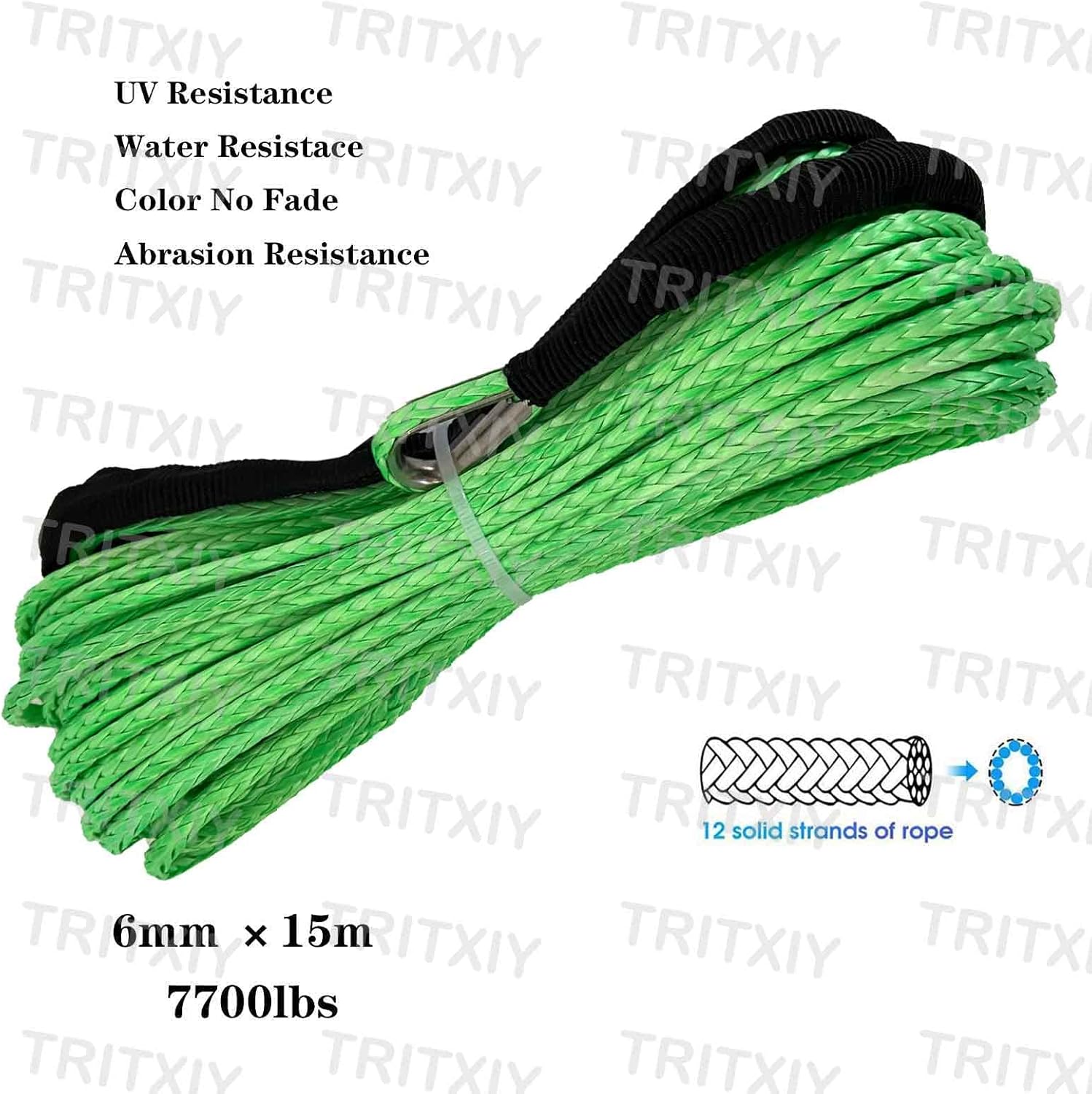 Cuerda de cabrestante sintética de 14 pulgadas x 50 pies, 7700 libras con funda protectora negra para ATV, UTV, SUV, cable de línea de cabrestantes