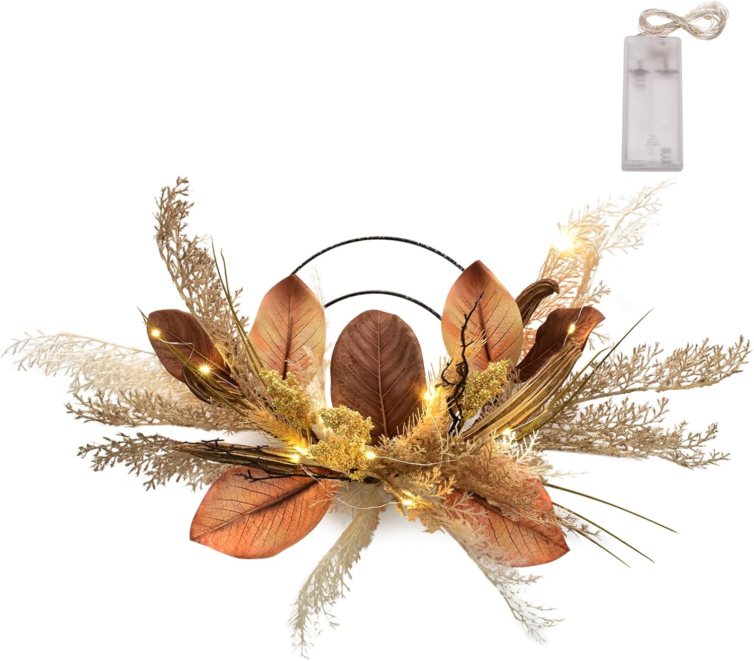 Coronas de otoño de 24 pulgadas con LED para decoración exterior de puerta delantera, pasto de plástico, hojas de magnolia, okra, vainas de loto,