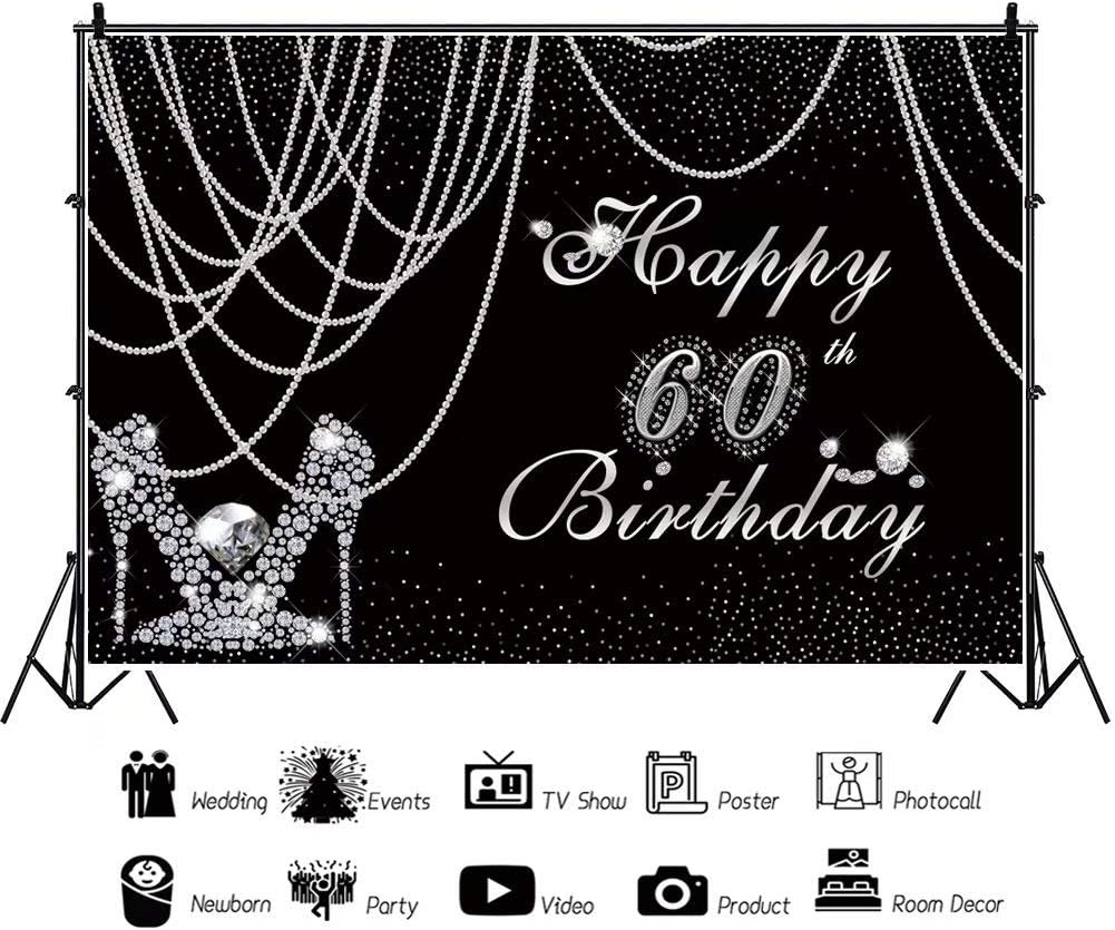 Telones de fondo negro plateado para mujer de 60 cumpleaños para fotografía, cortina de perlas de 9 x 6 pies, pantuflas de diamante plateado con