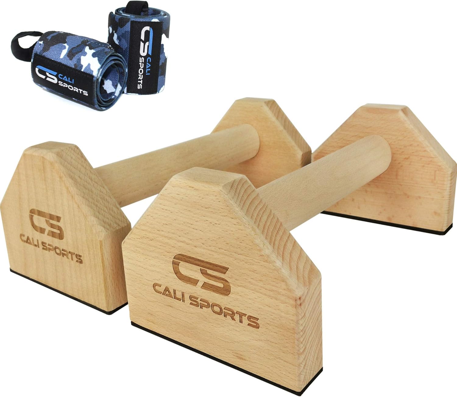 Calisthenics Wood Parallettes Bars  Push Up Bar That Will Not Slip or Wobble  Wrist Wraps Included