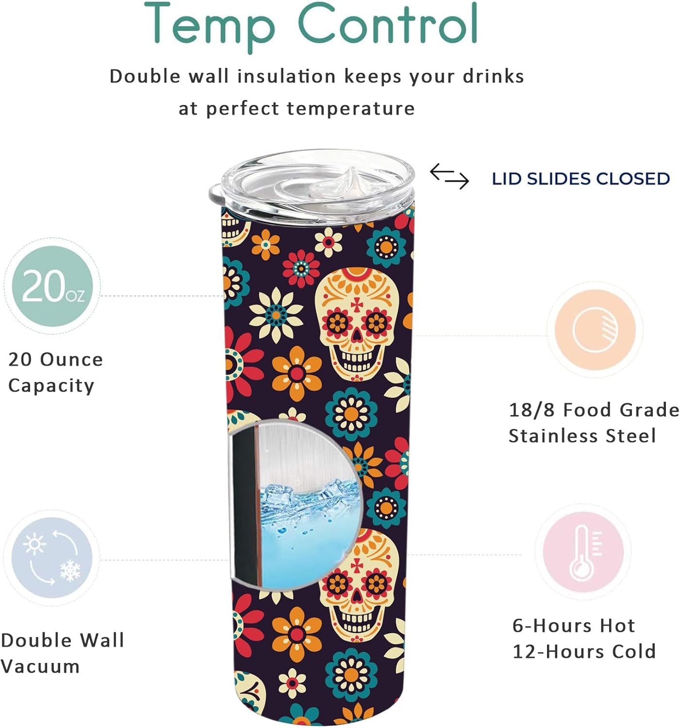 RNFENQS Sugar Skull – Vasos delgados con tapas y pajitas, regalos del Día de los Muertos Mexicanos, vasos de viaje aislados al vacío de acero