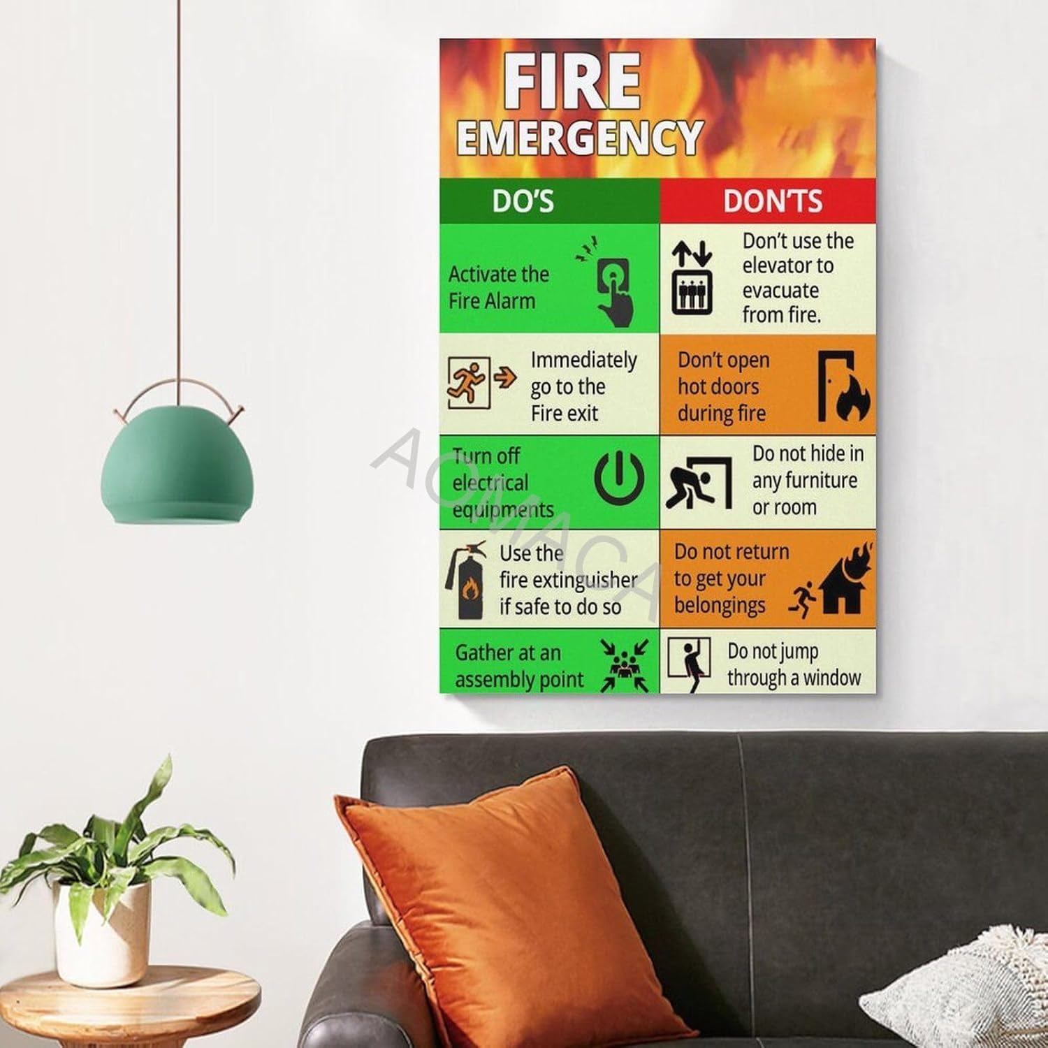 Póster de guía de evacuación de emergencia contra incendios, póster de emergencia de seguridad contra incendios, póster de decoración de pared de