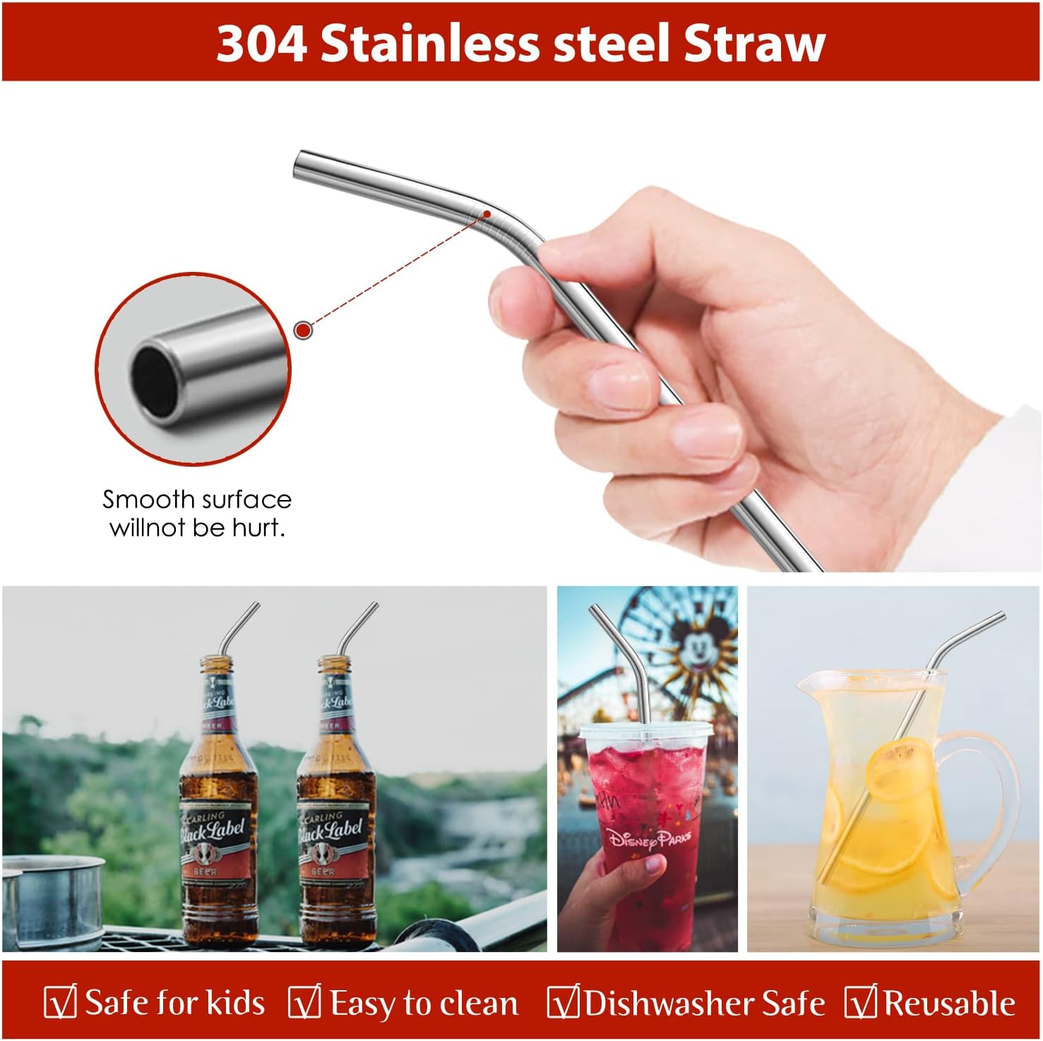 8 popotes de acero inoxidable doblados de 516 pulgadas de ancho para vaso de 40 onzas con asa, popotes de metal reutilizables de 12 pulgadas de