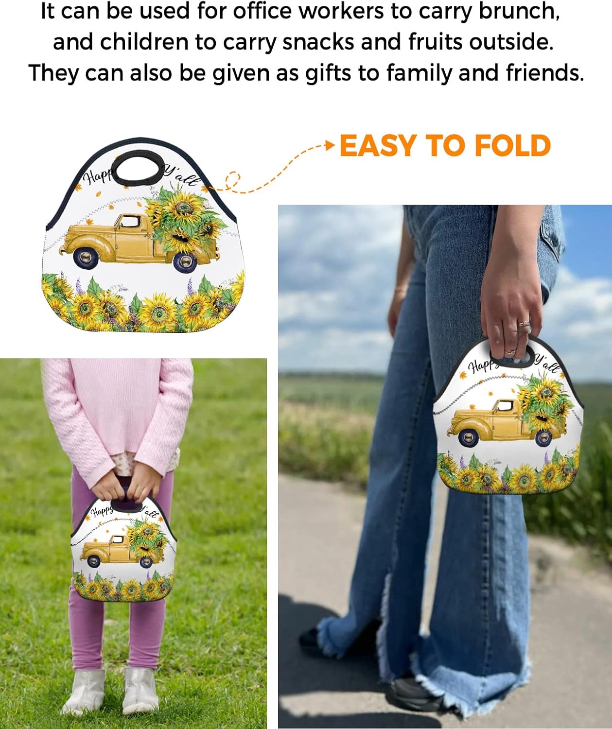 Gsypo Reusable Neoprene Lunch Bag, Happy Fall Y’all Sunflower on Farm Truck Autumn Leaf Soft Thermal Meal Tote, Lightweight Washable Insulated Lunch