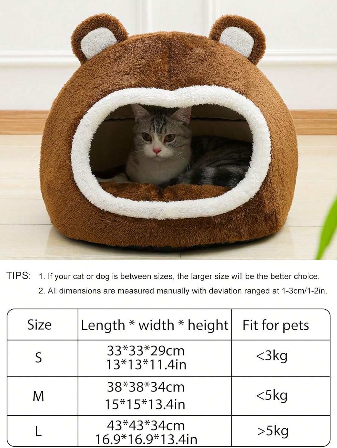 QWINEE Cama para gatos con forma de oso para interiores con cojín extraíble, tienda de campaña de felpa para mascotas, diseño de orejas de dibujos