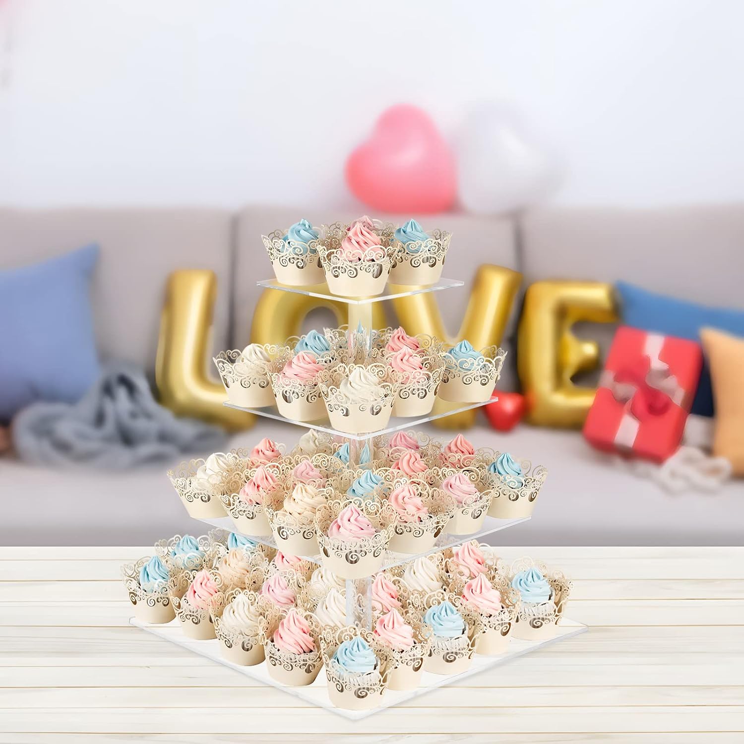 Soporte para magdalenas con base, soporte cuadrado de acrílico de 4 niveles, soporte de exhibición de cupcakes de torre de postre soporte de