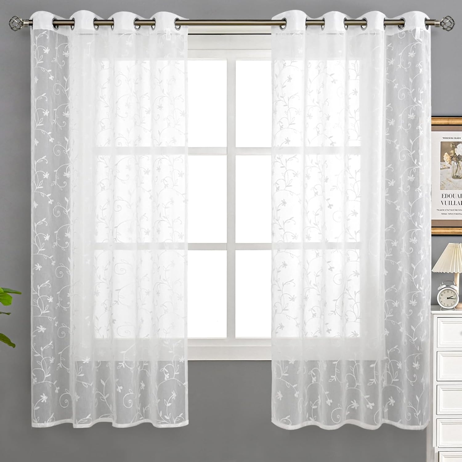BGment Cortinas semitraslúcidas bordadas florales, juego de 2 paneles de lino sintético con ojales, cortinas de ventana para sala de estar y