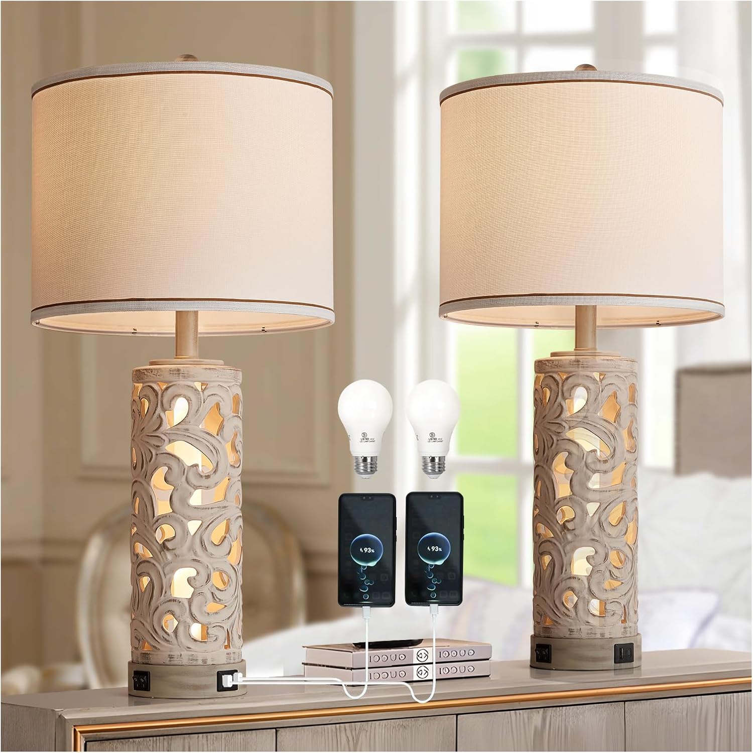 AIDENOEY Juego de 2 lámparas de mesa con luz nocturna, lámpara de mesa de granja de 28 pulgadas con puertos USB A+C, lámpara de noche de cerámica