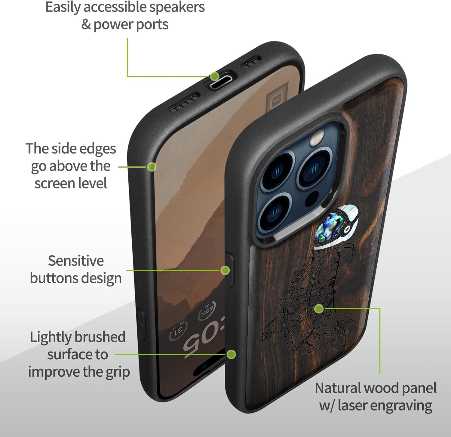 Carveit Funda protectora de madera de diseñador para iPhone 15 Pro Max, funda magnética grabado de madera e incrustaciones de carcasa compatible con