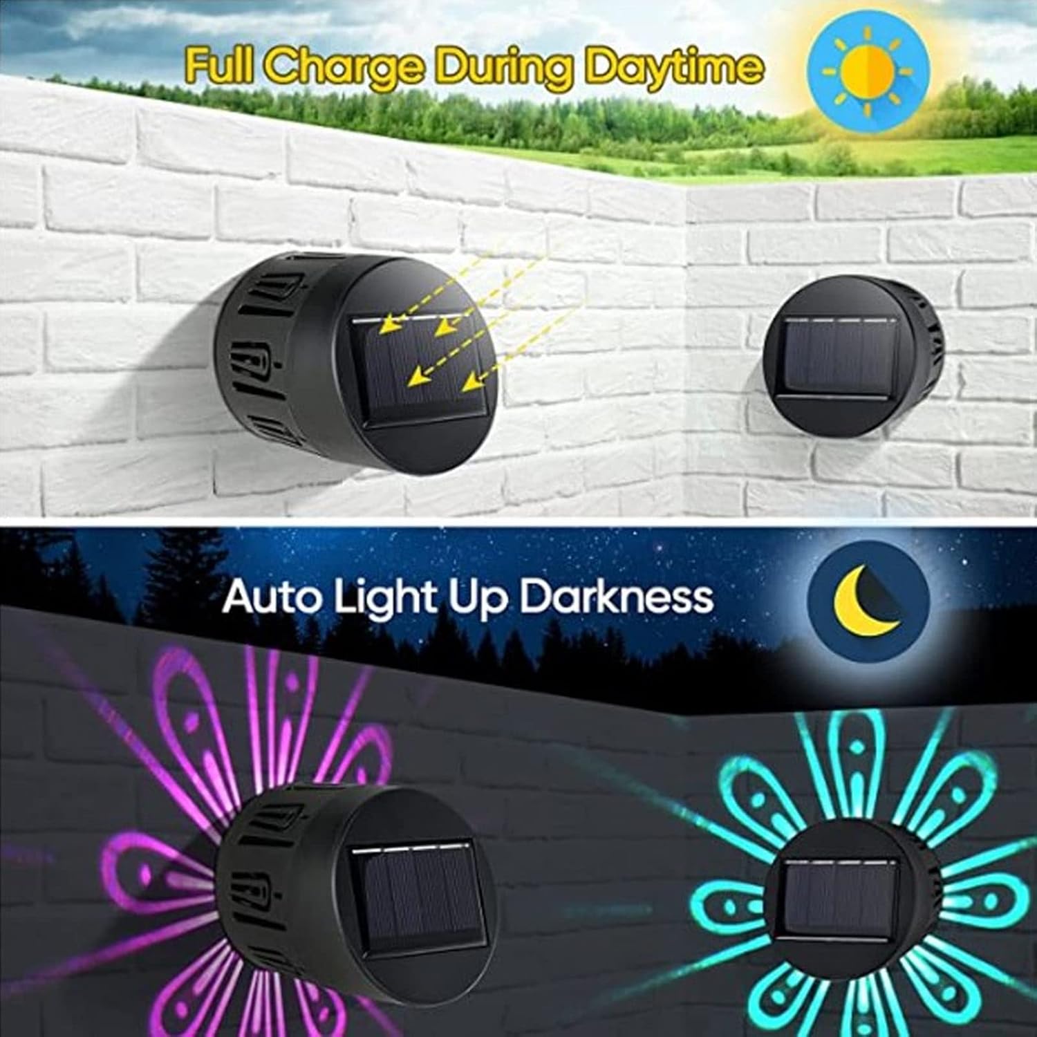 2 luces solares para valla, luces solares de cubierta, luces LED impermeables IP67 para exteriores, patrón de carcasa elegante decorativo, poste de