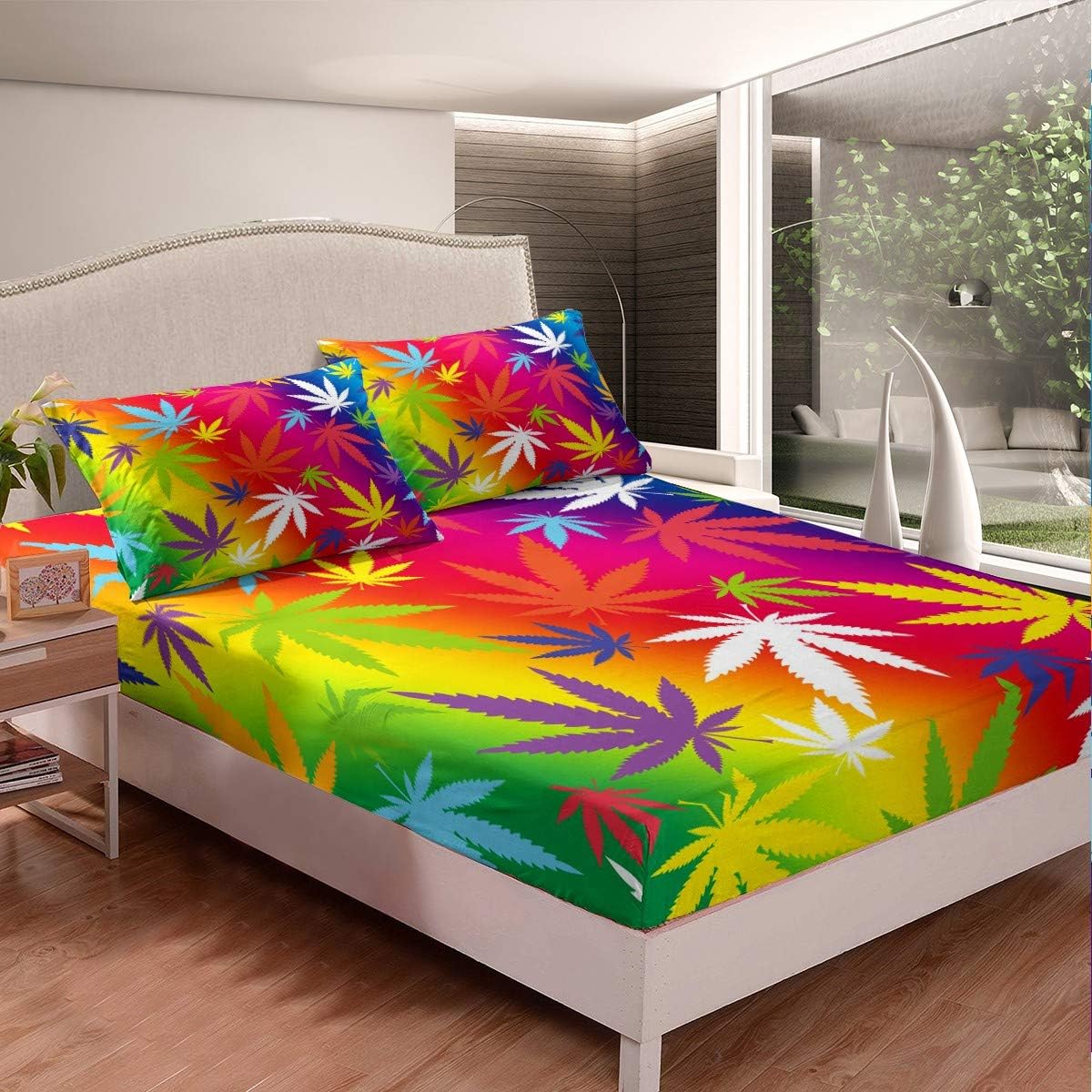 Feelyou Juego de sábanas de hojas de marihuana, hojas de cannabis, sábanas de cama de plantas verdes de hierba arcoíris, juego de ropa de cama de
