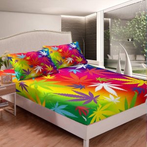 Feelyou Juego de sábanas de hojas de marihuana, hojas de cannabis, sábanas de cama de plantas verdes de hierba arcoíris, juego de ropa de cama de Feelyou Juego de sábanas de hojas de marihuana, hojas de cannabis, sábanas de cama de plantas verdes de hierba arcoíris, juego de ropa de cama de