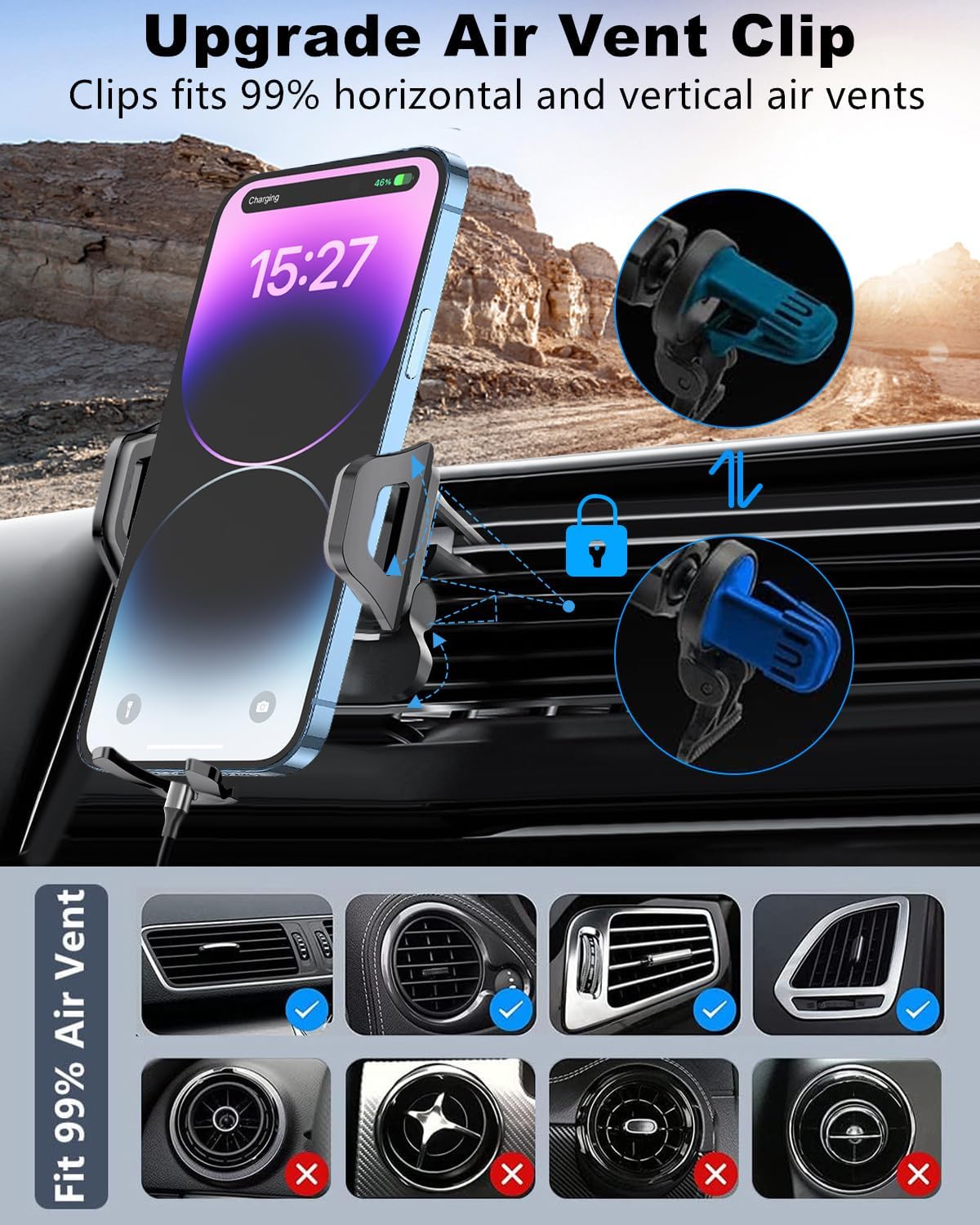 Soporte de cargador de teléfono 3 en 1 para automóvil, cargador USB C de 60 W de carga rápida para iPhone 141312 + cable tipo C de 4 pies,