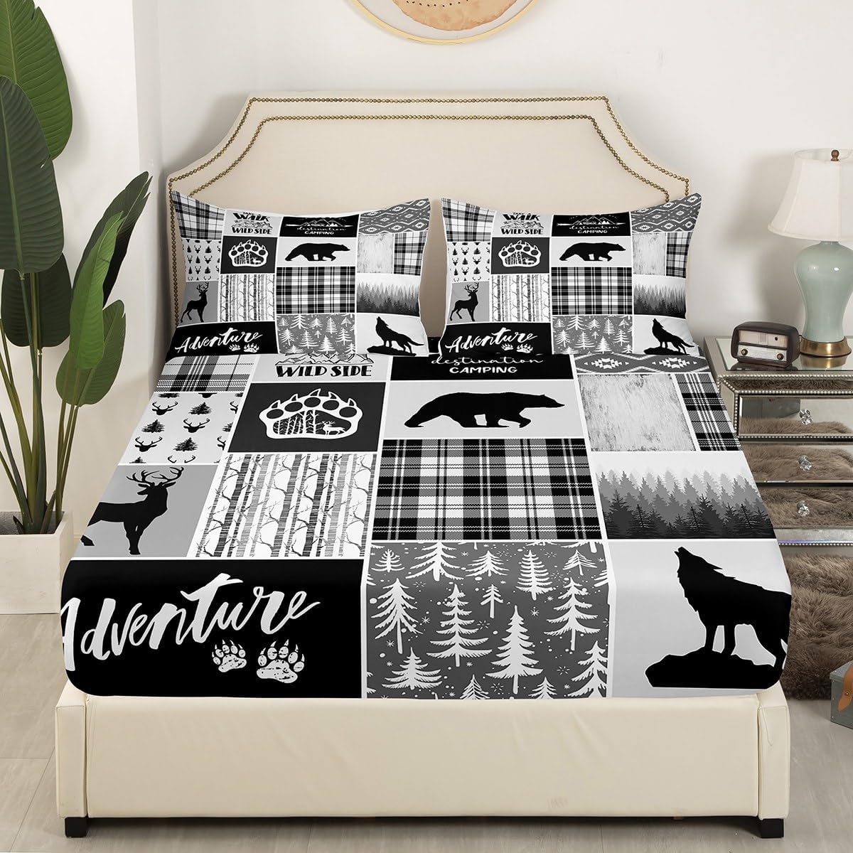 Juego de sábanas de oso de ciervo, pinos tamaño King, para decoración de habitación de niños, niñas y adultos, juego de sábanas de 4 piezas (sábana