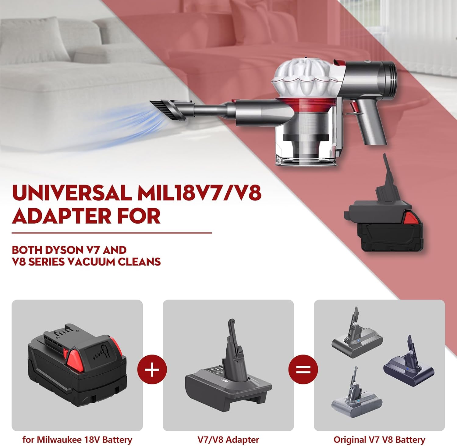 Adaptador para Dyson V7V8 Compatible con Milwaukee M18 18V Batería Convertir a Dyson V7 V8 Animal Motorhead Absolute Stick Aspirador inalámbrico con