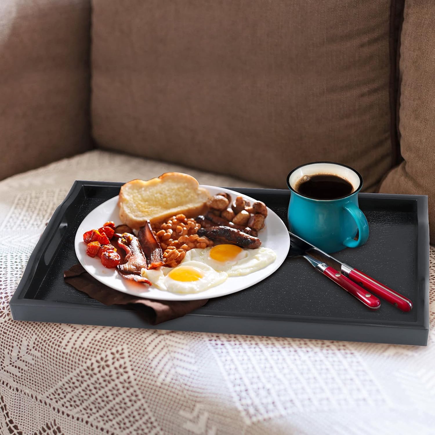 Juego de 3 bandejas de plástico para servir, bandeja otomana con asas recortadas, bandeja rectangular para mayordomo para desayuno en la cama, mesa