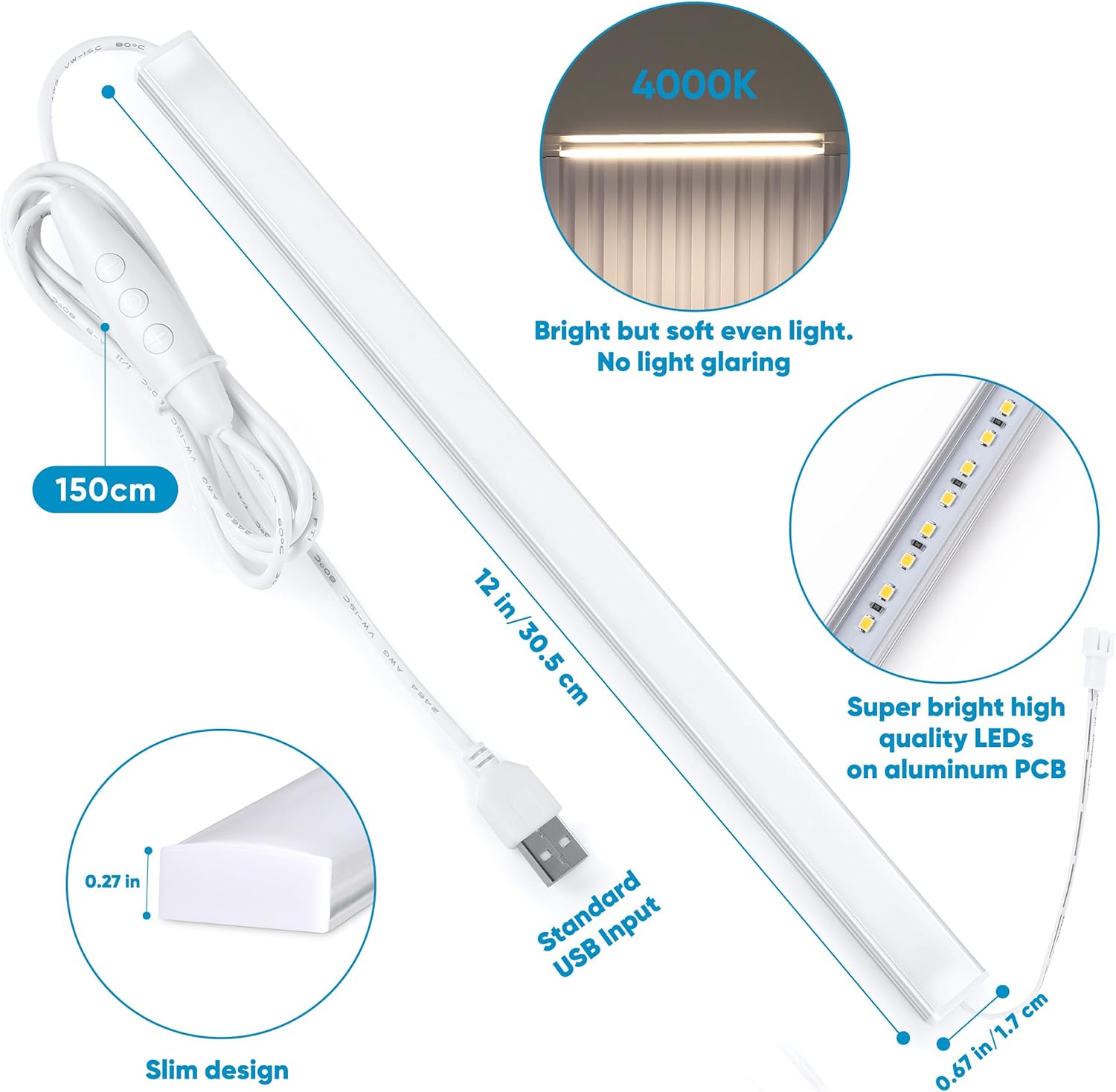 Litever Kit de iluminación enchufable para debajo del gabinete con adaptador, atenuador, 2 tiras de luz LED USB de 12 pulgadas. Regulable enlazable