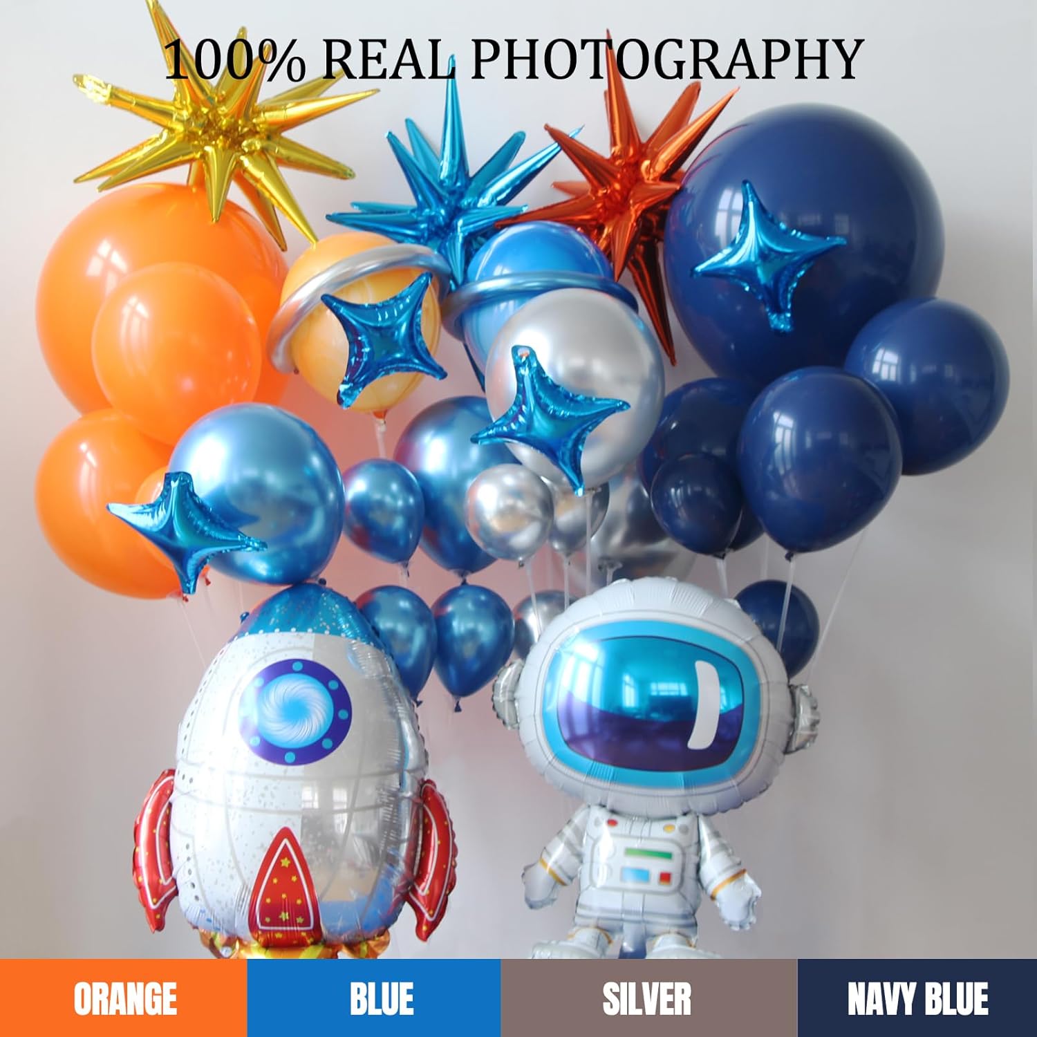 Kit de guirnalda de arco de globos espaciales, decoraciones de cumpleaños para niños con azul marino, naranja, plateado, cohete, astronauta, globos