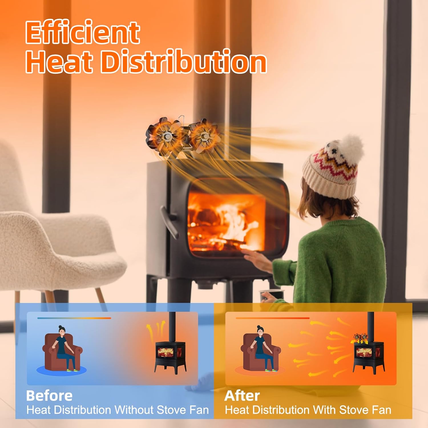 Ventilador de estufa de leña con motores duales alimentados por calor, ventiladores de estufa de 14 aspas, ventilador de chimenea con termómetro