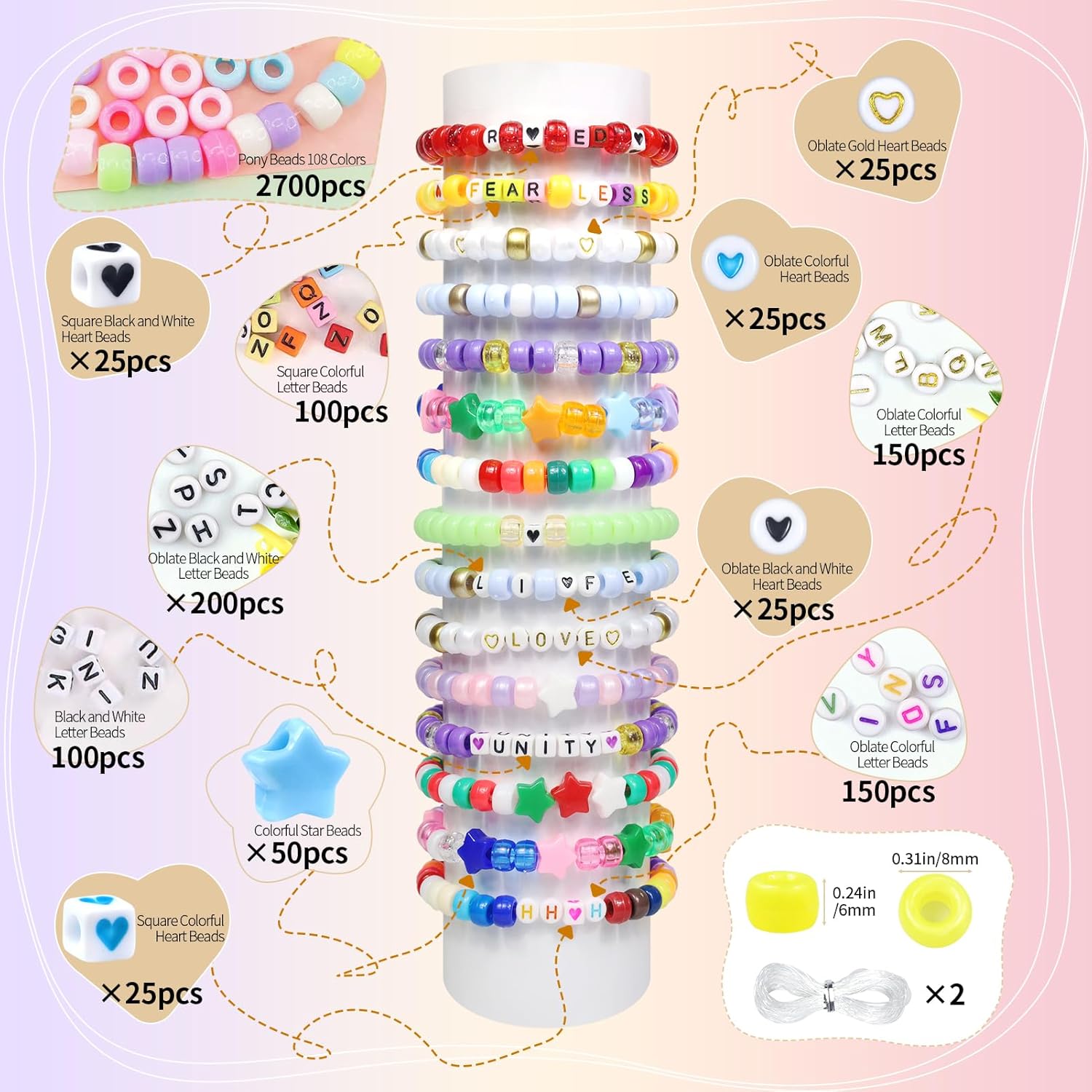 BIBOKLTIY Kit de fabricación de pulseras de cuentas de poni, 108 colores para pulseras de amistad, 3600 cuentas Kandi con cuentas de letras y