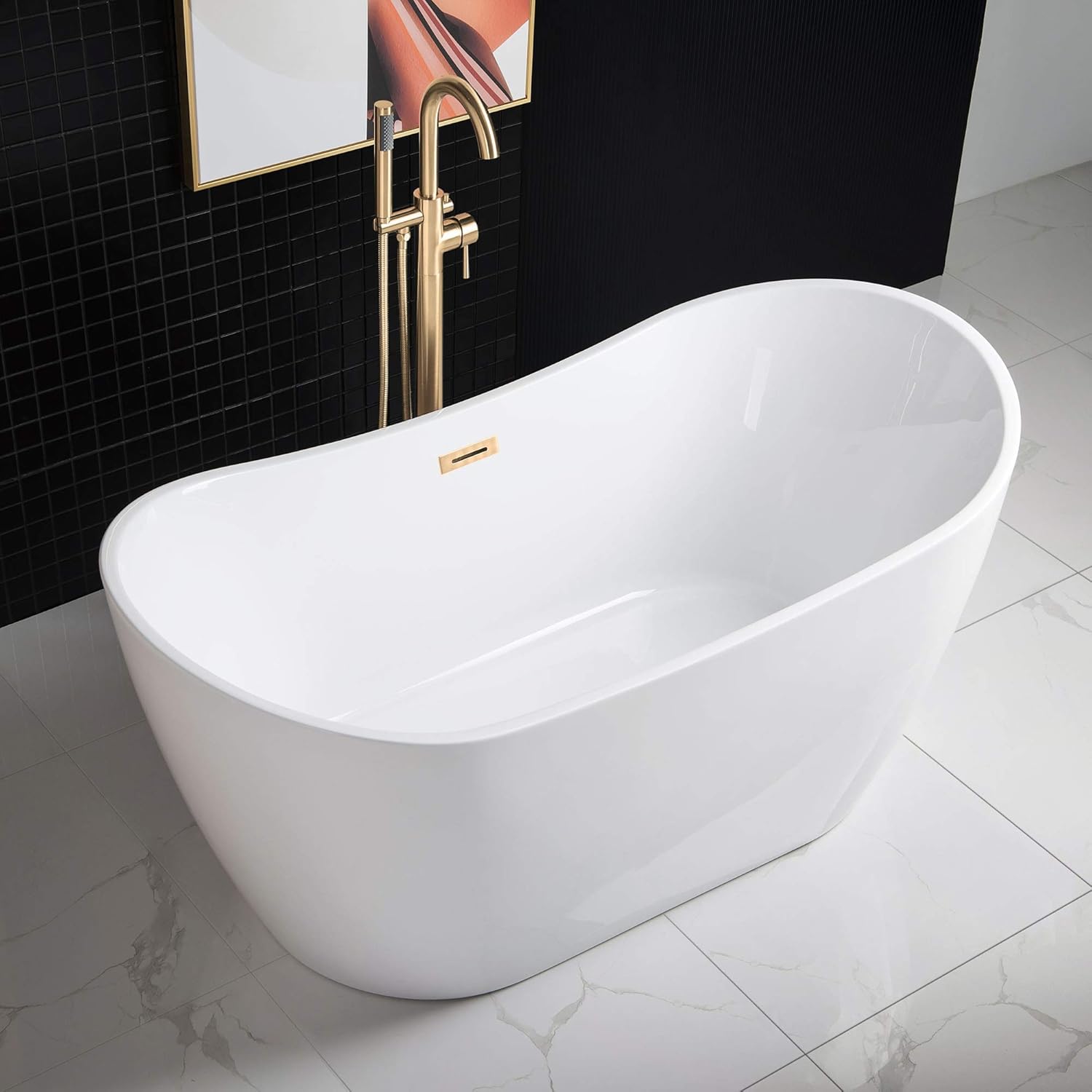 WOODBRIDGE BTA1516-BG-Drain-&O – Bañera de acrílico independiente de 59 pulgadas con desbordamiento y drenaje de oro cepillado, BTA1516-BG-Drain-&O