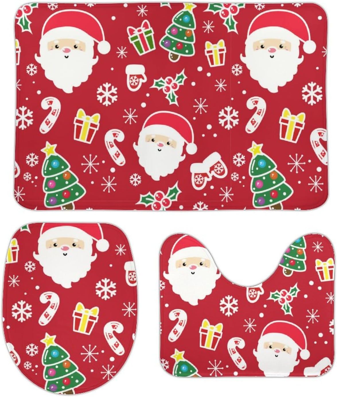 Juego de 3 alfombras de baño con diseño de árbol de Navidad de Papá Noel, antideslizantes, lavables, absorbentes, de secado rápido, en forma de U,