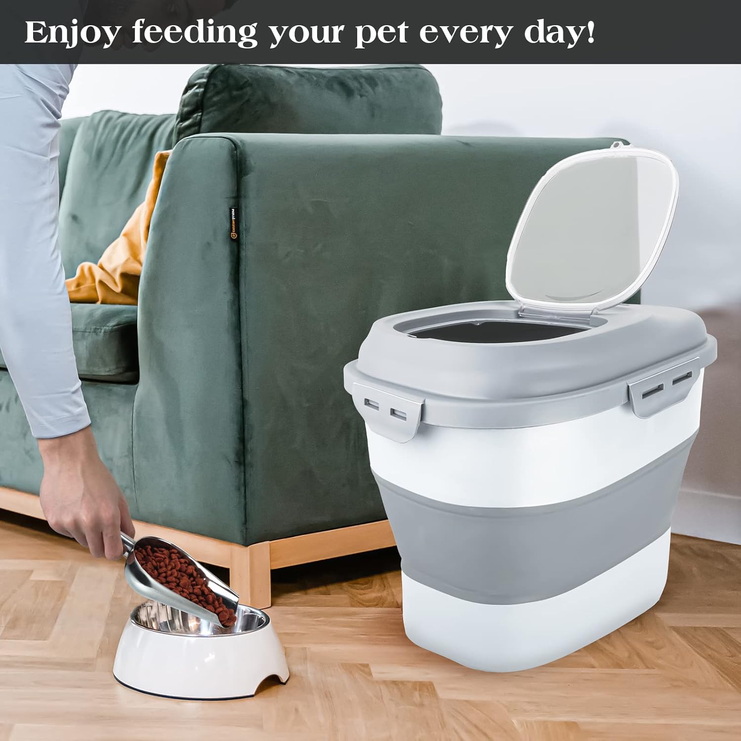Contenedor de almacenamiento de alimentos para perros, hermético plegable de 13 a 30 libras, contenedor de comida para mascotas con tapa abatible,